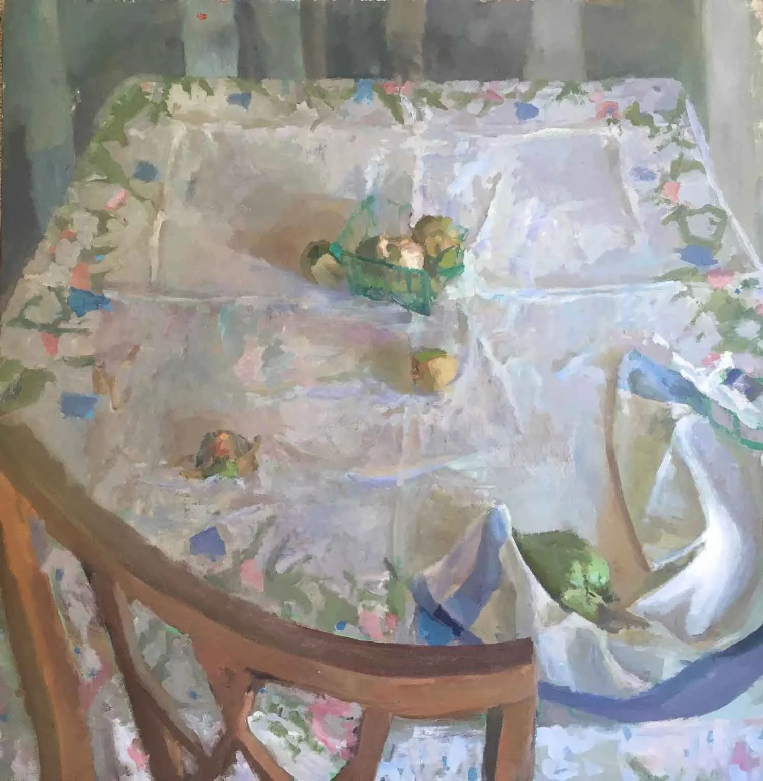 A still life of a table with a floral tablecloth, four chairs, and three small birds, one on the table and two on the chairs, in a room with a painted and textured appearance.