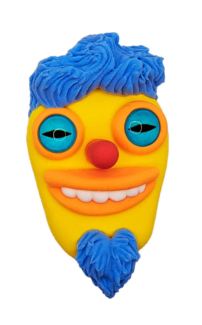 A colorful clown face with blue hair, yellow face, blue eyes, a red nose, an orange mouth with white teeth, and a blue beard.