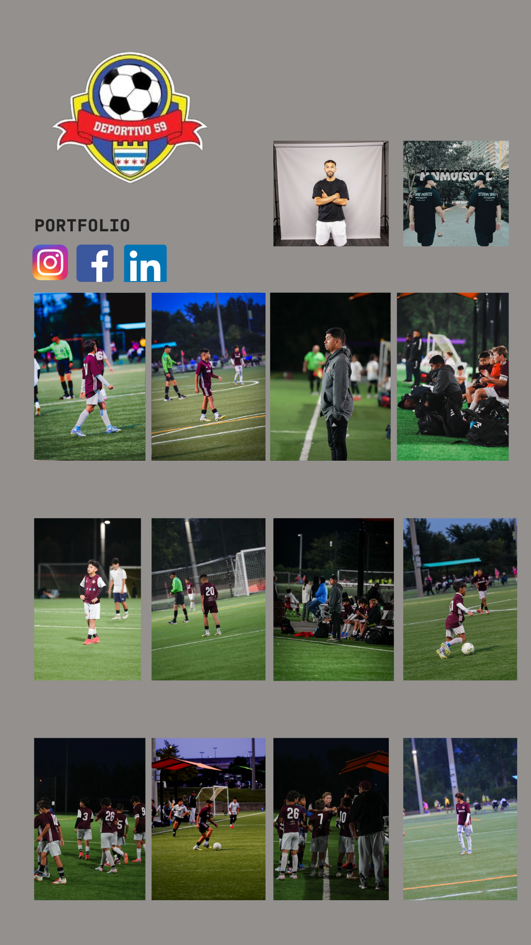 A collage of photos from a youth soccer game, including players on the field, coaches, and team supporters, with a sports logo and social media icons at the top.