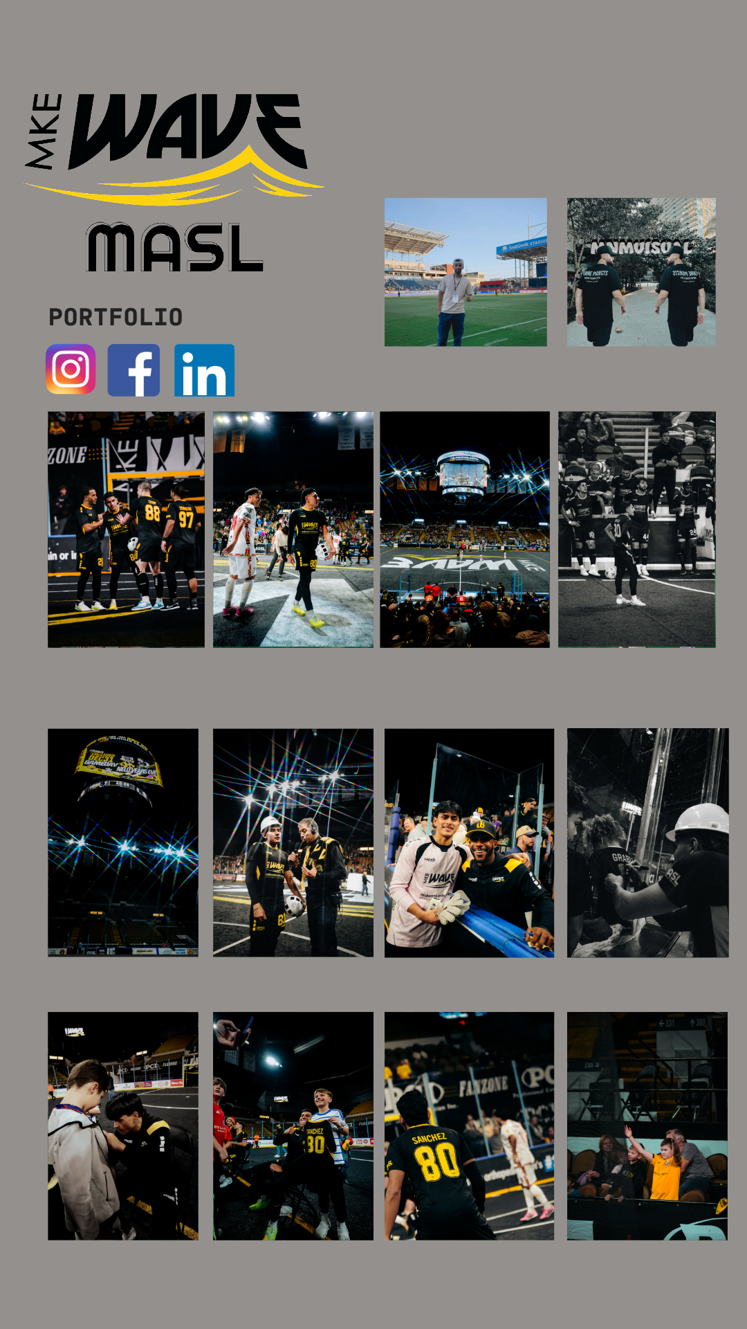 A collage of photos from a sports event, including players on the field, team interactions, and fans in the stadium, with a gray background and the text 'Make WAVE MASL Portfolio' along with social media icons.