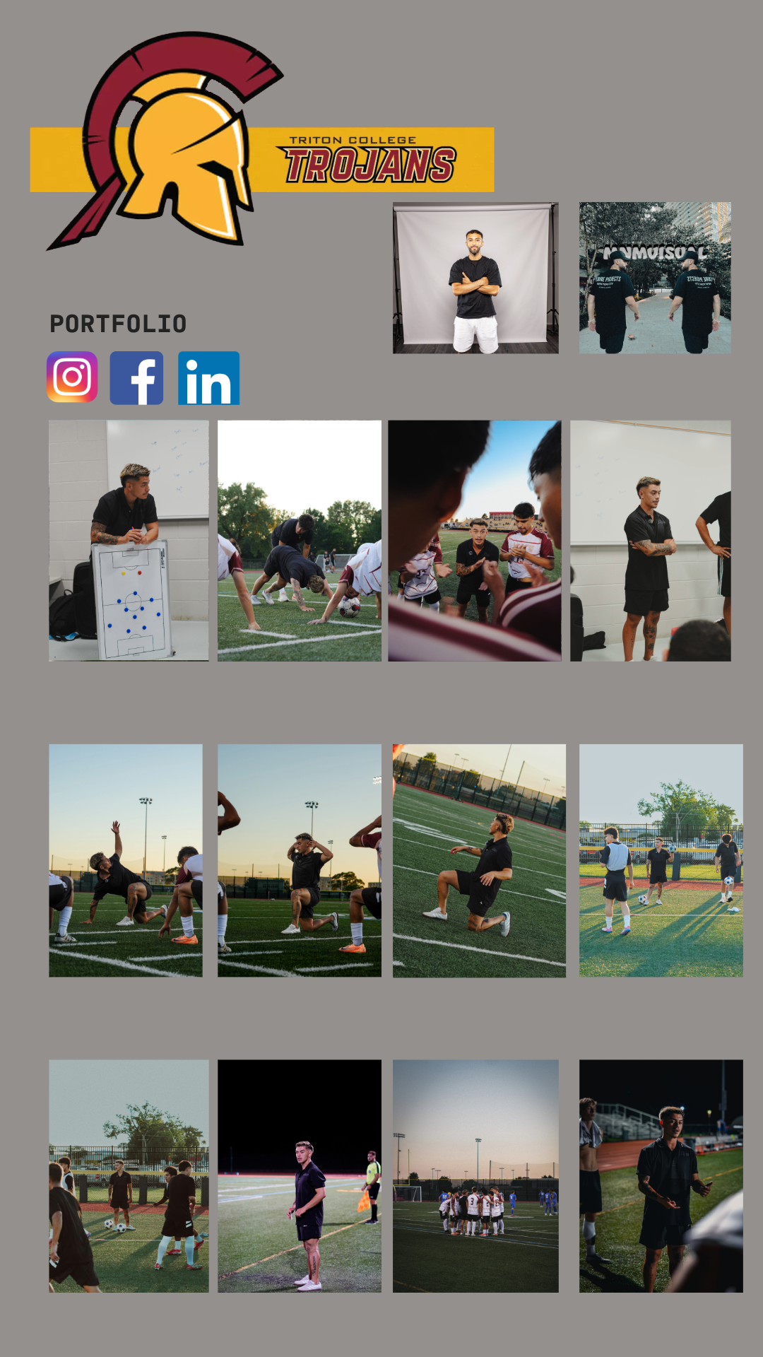 A collage of photos featuring students and coaches at Triton College Trojans during sports and team activities, with a highlighted logo and social media icons for Instagram, Facebook, and LinkedIn.