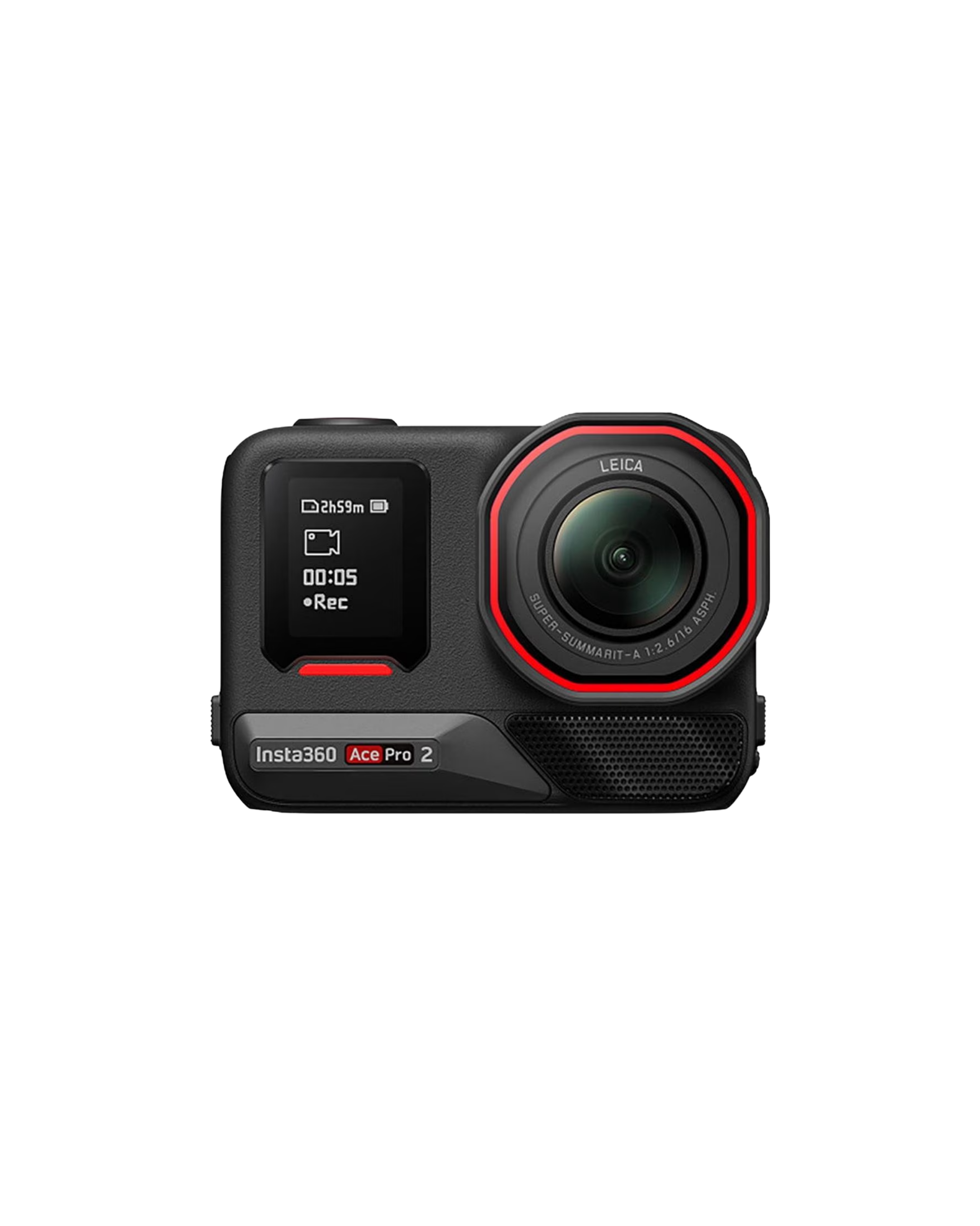 Close-up of a black action camera with a small digital display showing recording time, battery status, and recording icon against a black background.