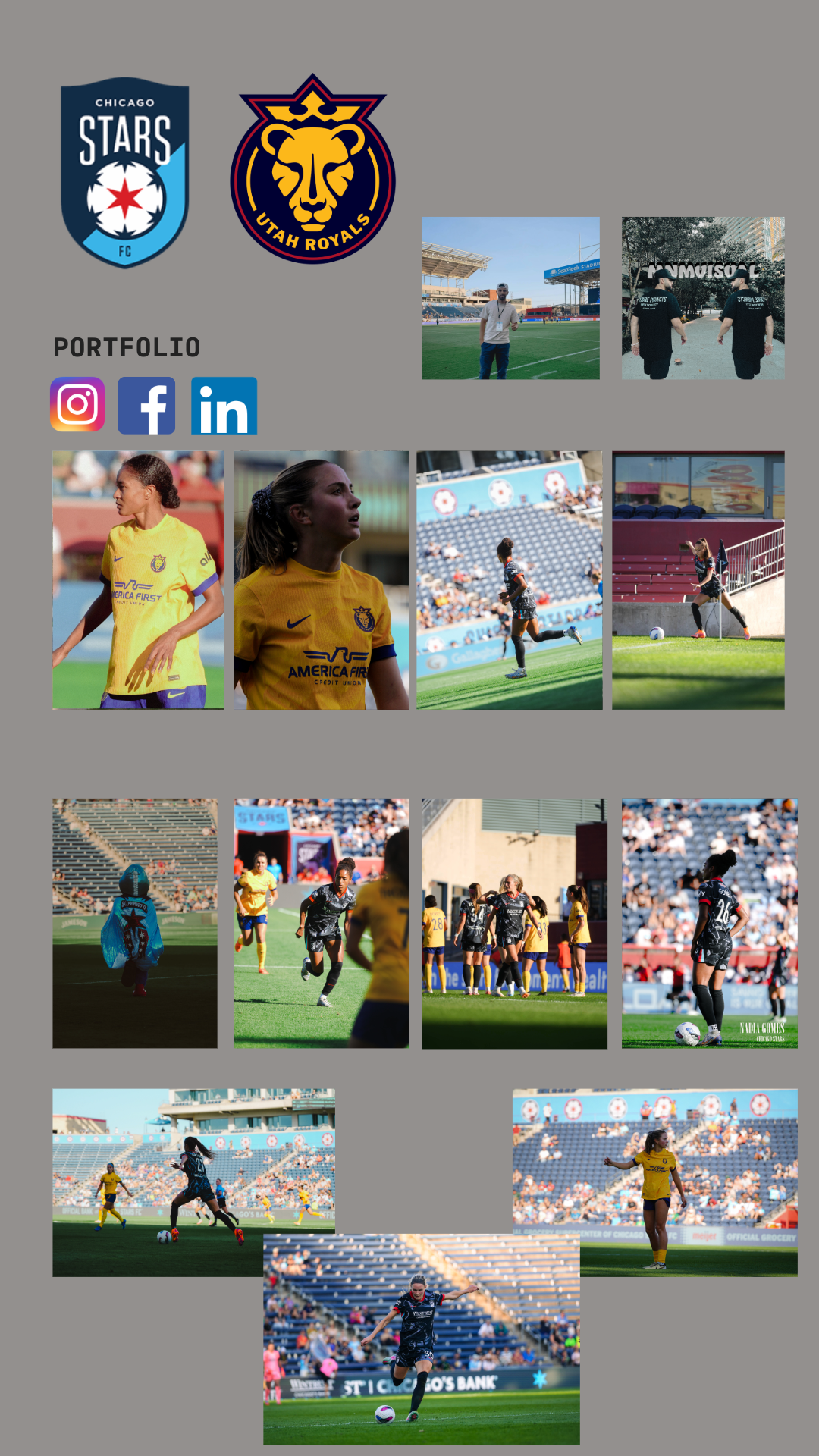 A collage of images from a soccer game featuring players in yellow and black uniforms, a person on the field, stadium seats, and spectators. Logos of Chicago Stars and Utah Royals are at the top. Social media icons for Instagram, Facebook, and LinkedIn are also present.