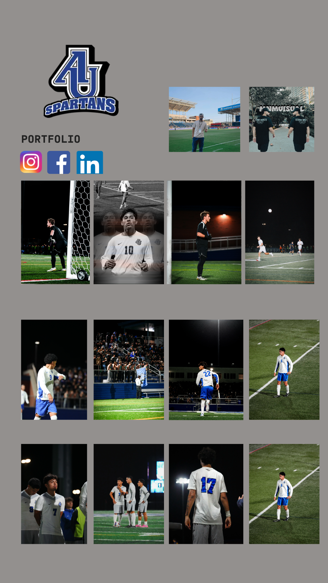 Collage of sports images featuring soccer and football players, team members, and a stadium, with social media icons for Instagram, Facebook, and LinkedIn, and the logo "4J Spartans" at the top.