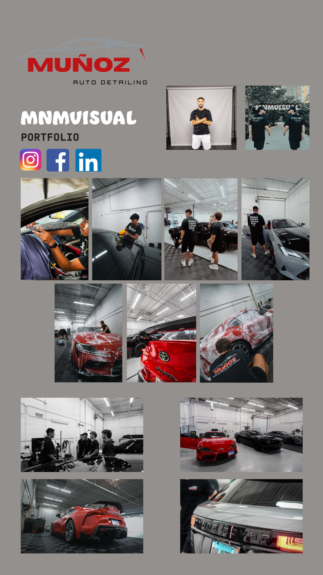 A collage of photos from an auto detailing shop featuring workers cleaning and detailing various cars, including a red sports car, with staff in black shirts and a background of the workshop interior.