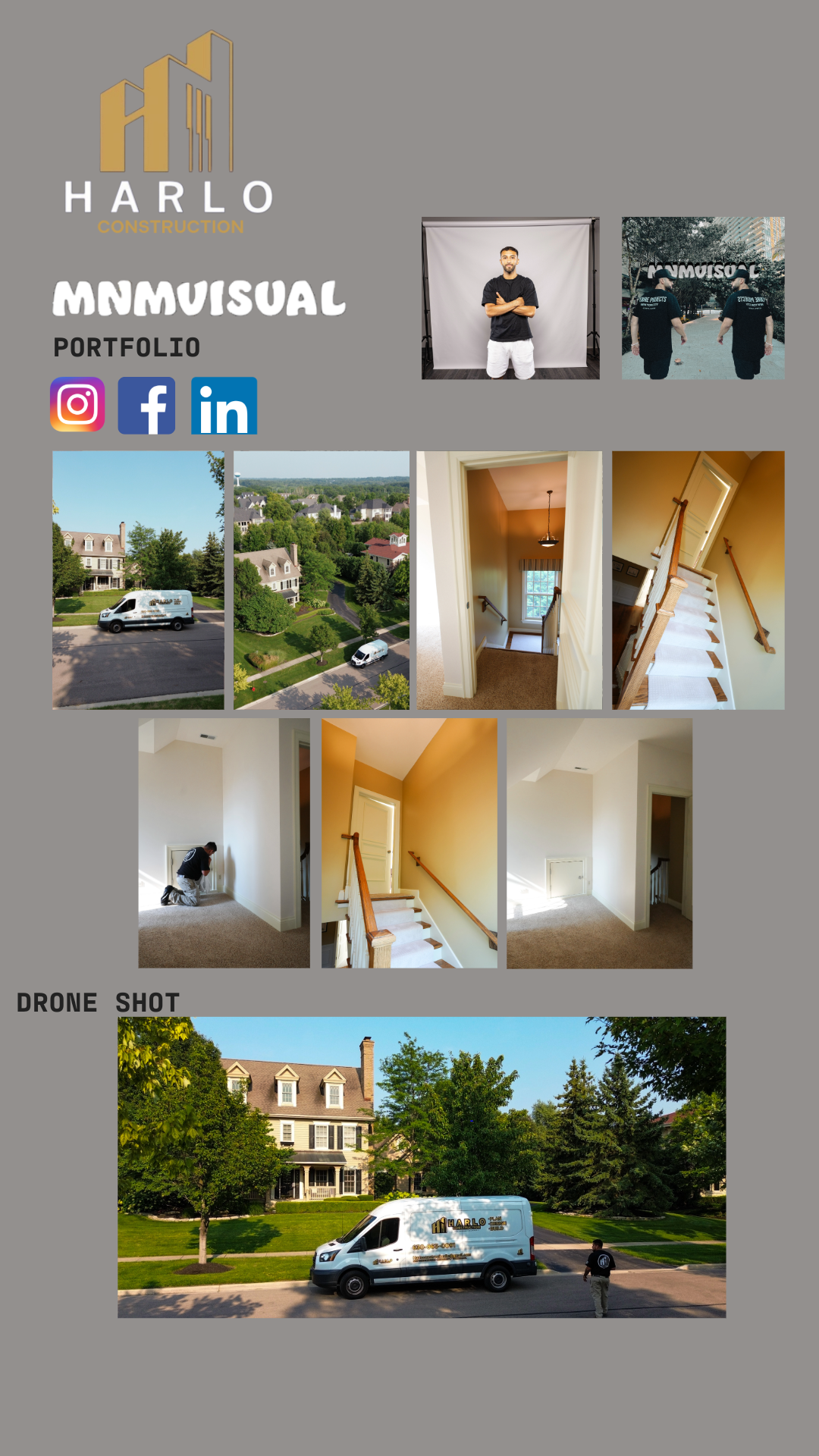 Portfolio cover page for Harlo Construction, showcasing photos of exterior and interior home construction, and a drone shot of a house with a delivery van parked in front.