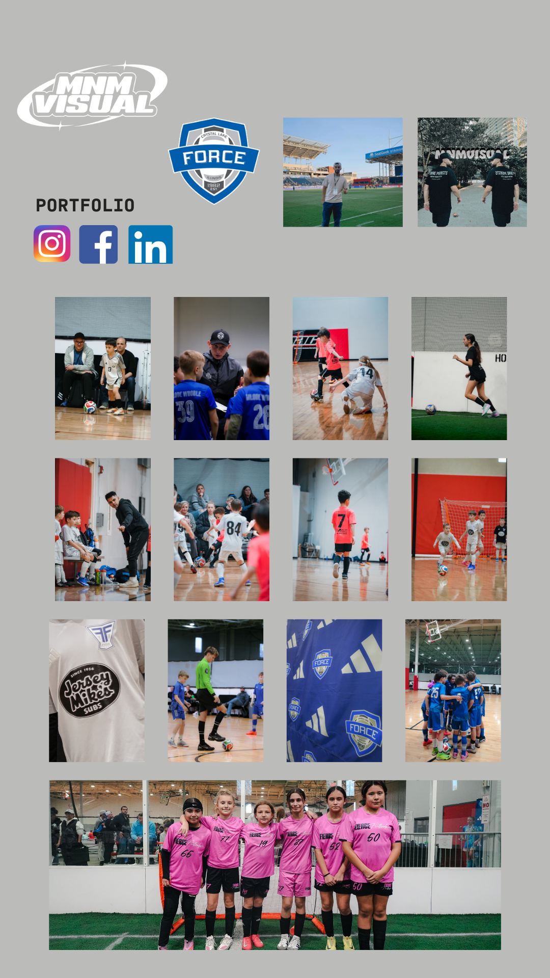 A collage of sports-related images including kids playing soccer and basketball, coaches giving instructions, team huddles, players benching, and a team photo of young female soccer players in pink uniforms at an indoor sports facility.
