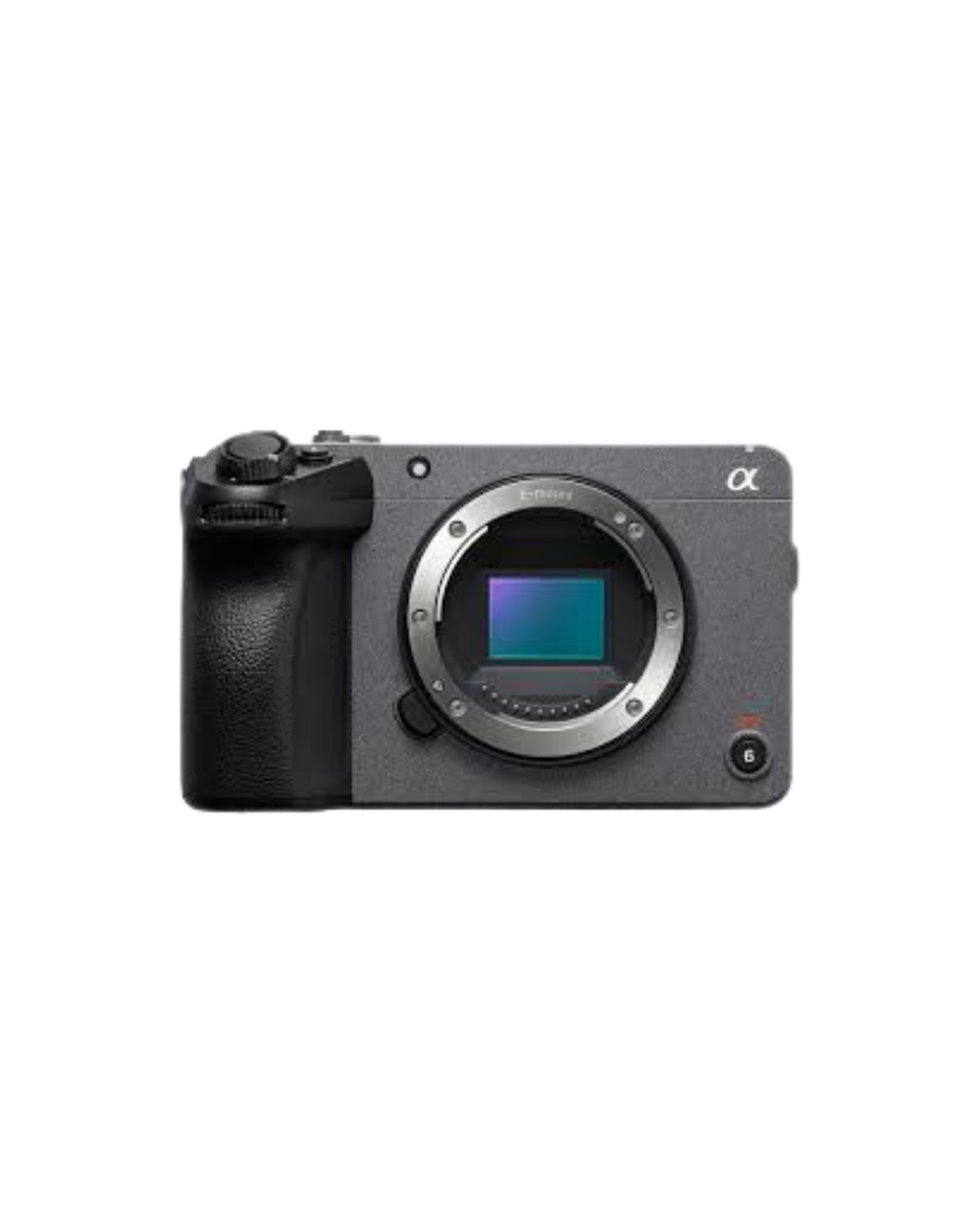 Close-up of a Sony mirrorless camera body with lens mount, no lens attached, showing electronic viewfinder, mode dial, and textured grip.