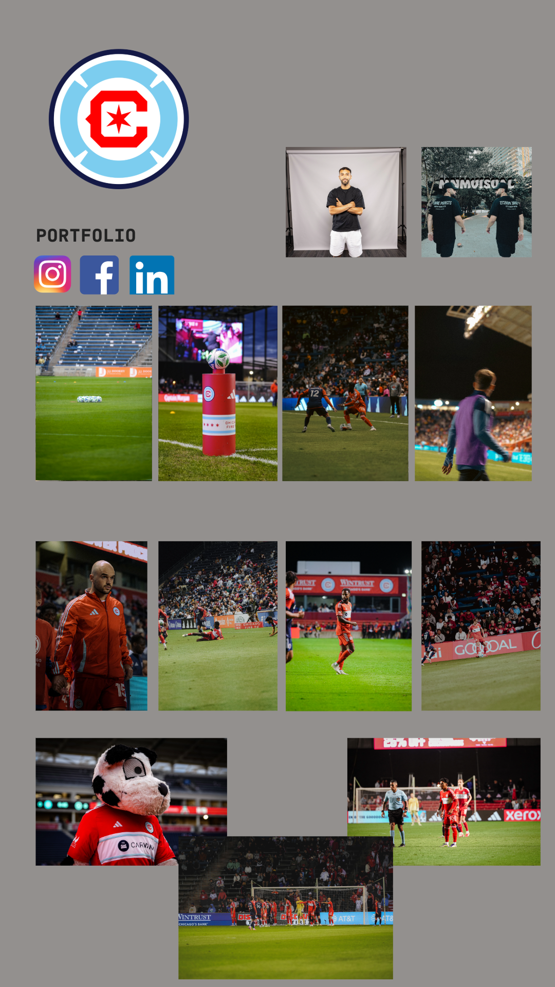 A collection of photos related to a soccer team and stadium, including team members, fans, soccer matches, a mascot, and a logo for Chicago Fire Soccer.