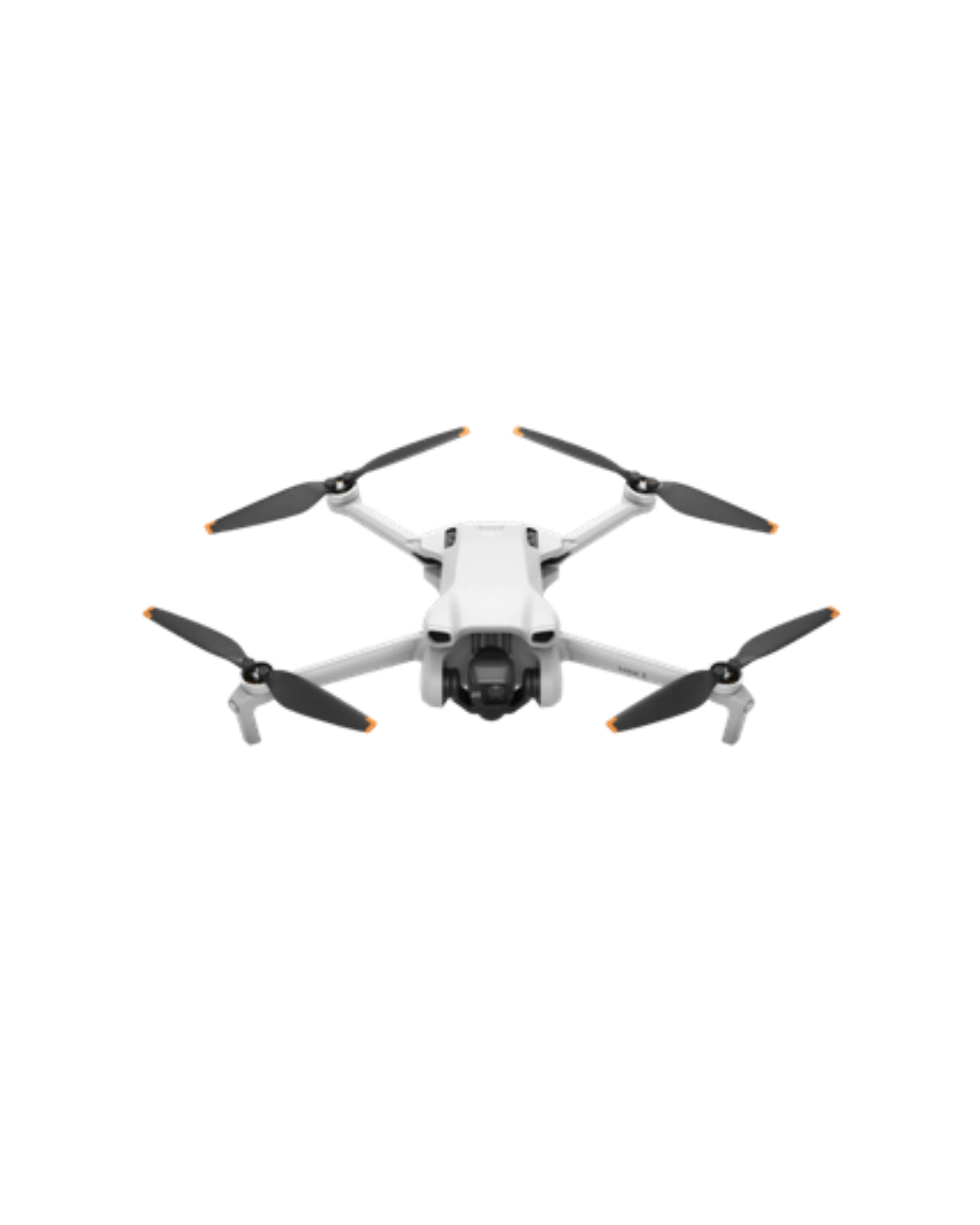 A white drone with four rotors and black propellers is flying against a black background.