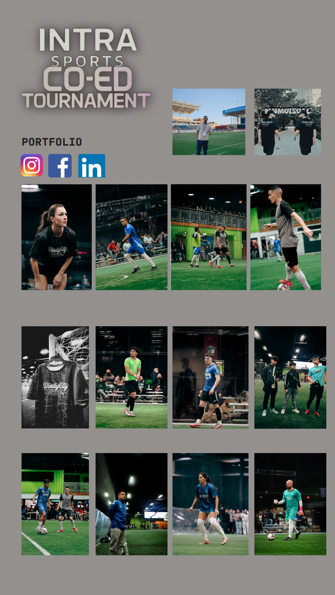 Poster advertising the Intra Sports Co-Ed Tournament with photos of people playing indoor soccer, group photos, and team images including a soccer goalie in green uniform.