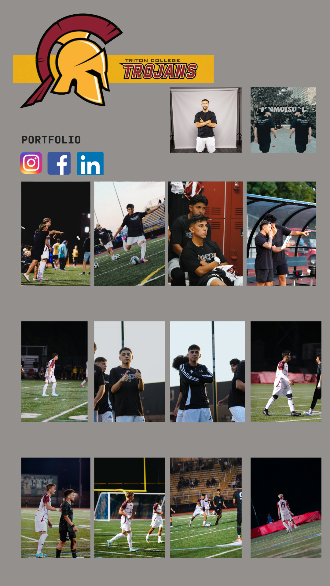 A collage of photos featuring soccer players and team activities, with a Triton College Trojans logo at the top.