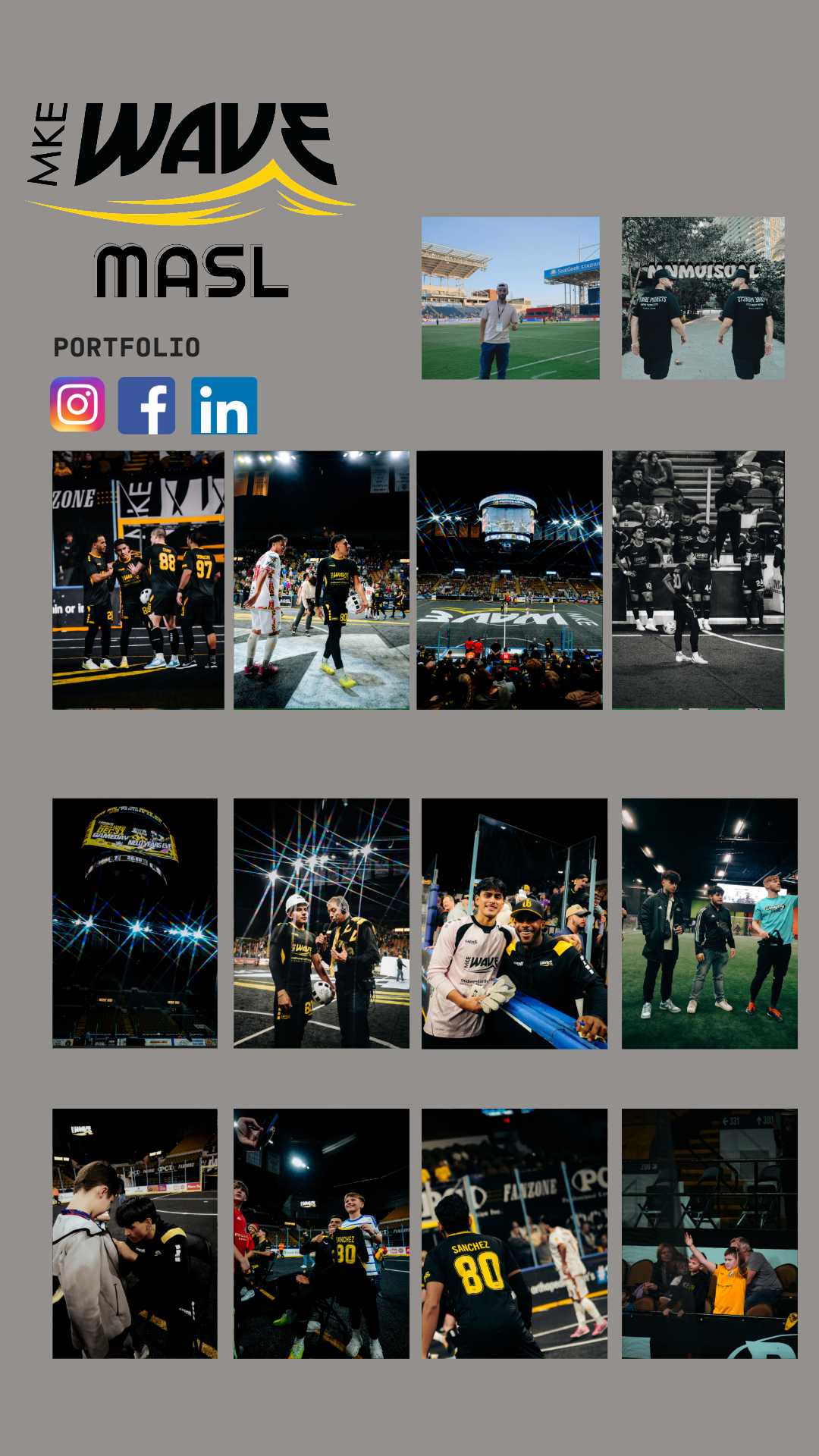 A collage of photos from a sports team or event, featuring players on the field, coaches, fans, and team interactions inside a stadium.