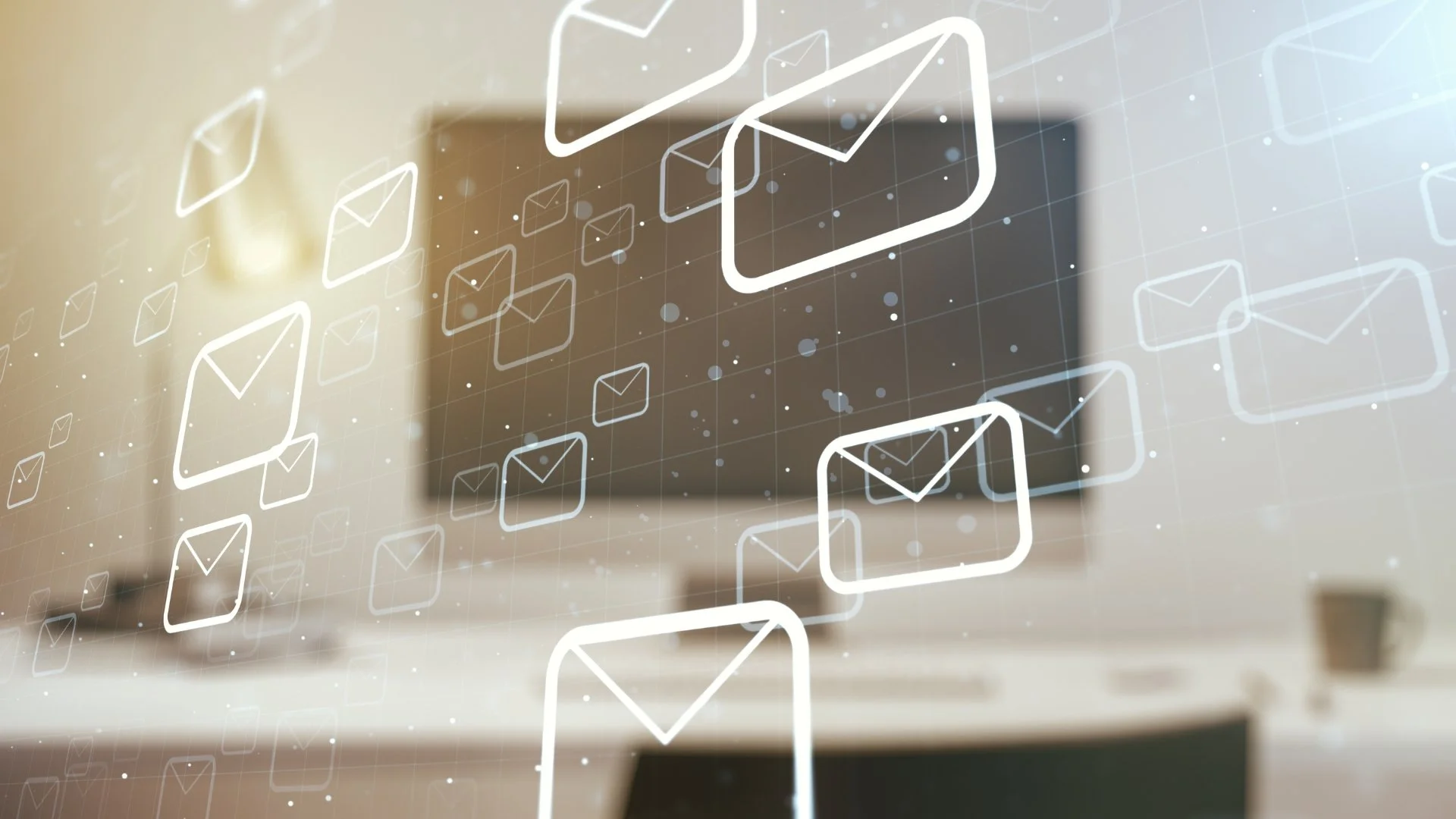 Digital illustration of multiple email icons floating above a blurred office background.