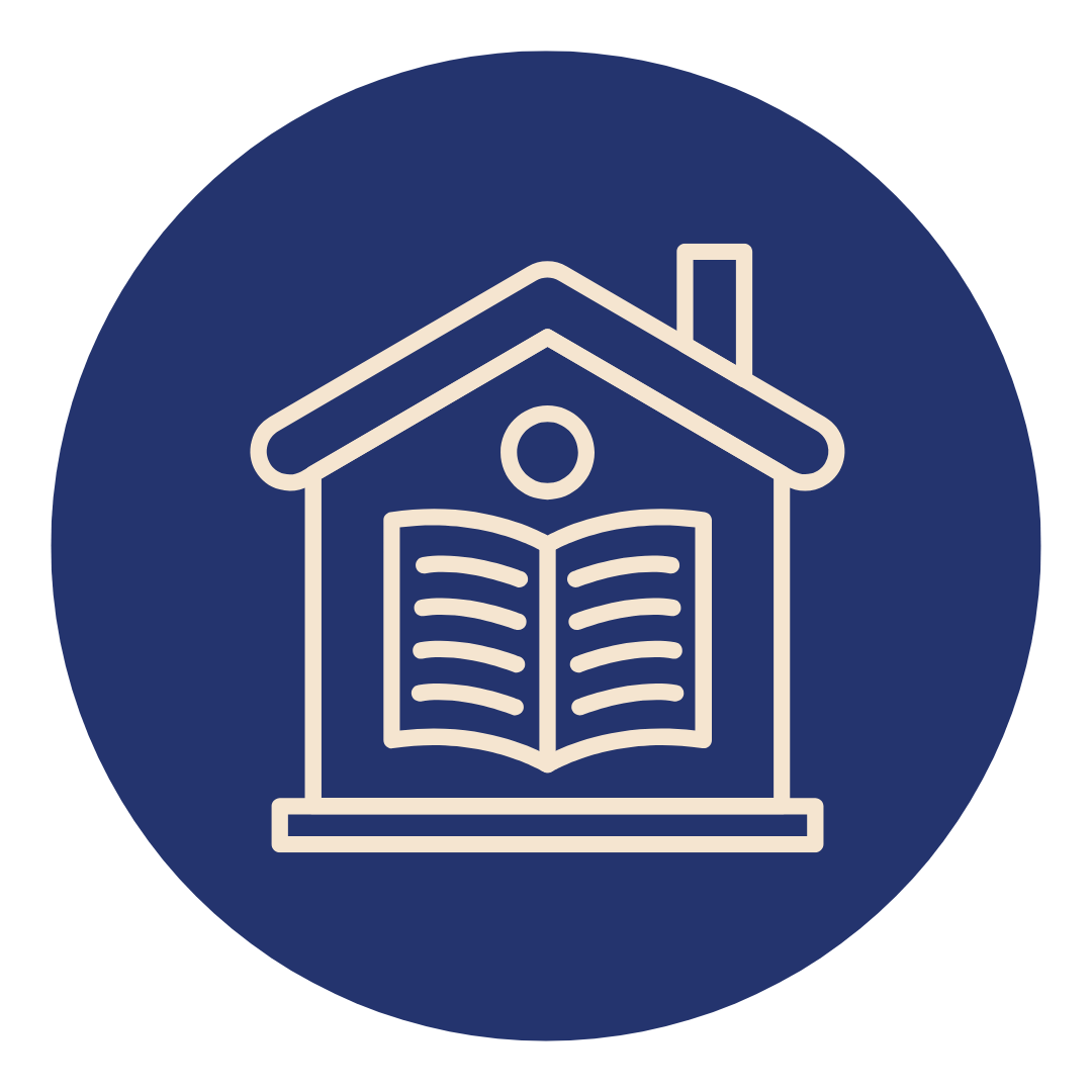 Icon of a house with a book inside, on a dark blue circular background.