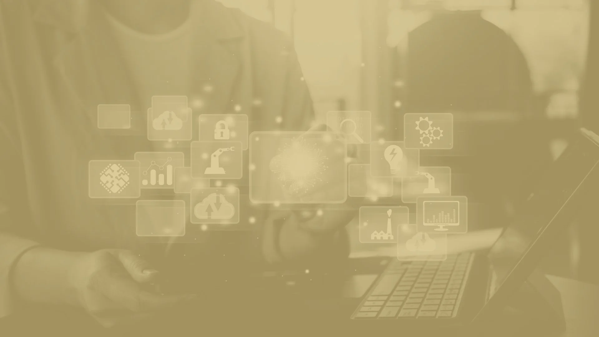 A person using a smartphone and laptop with a digital overlay of technology and data icons.