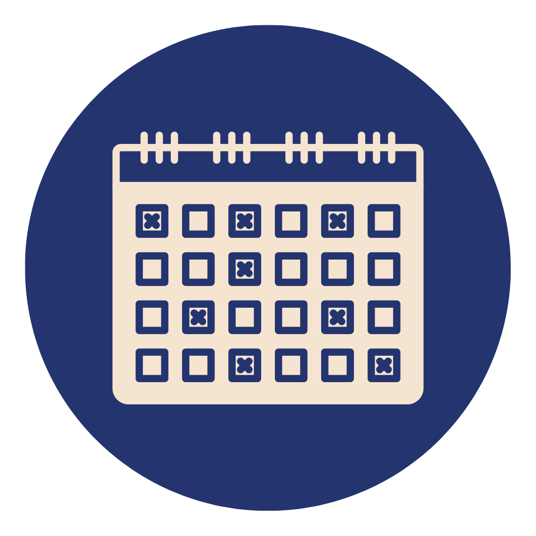 Icon of a calendar with highlighted dates, set against a dark blue circular background.