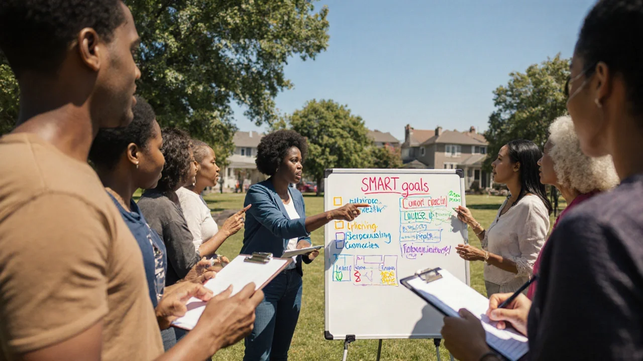 A diverse group of people are gathered outdoors around a woman who is presenting information on a whiteboard with the title 'SMART goals.' The scene takes place in a park on a sunny day with houses and trees in the background.