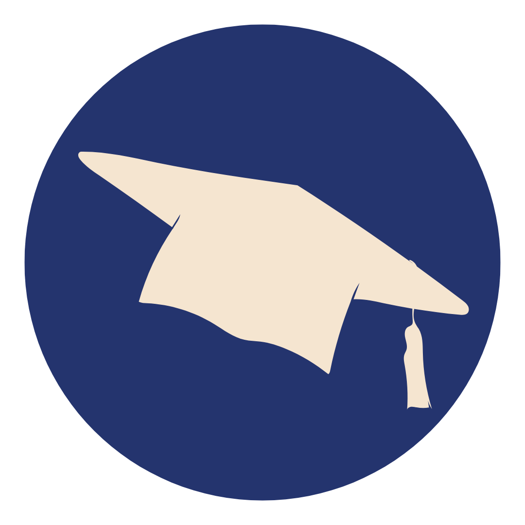 Icon of a graduation cap in white on a dark blue circular background.