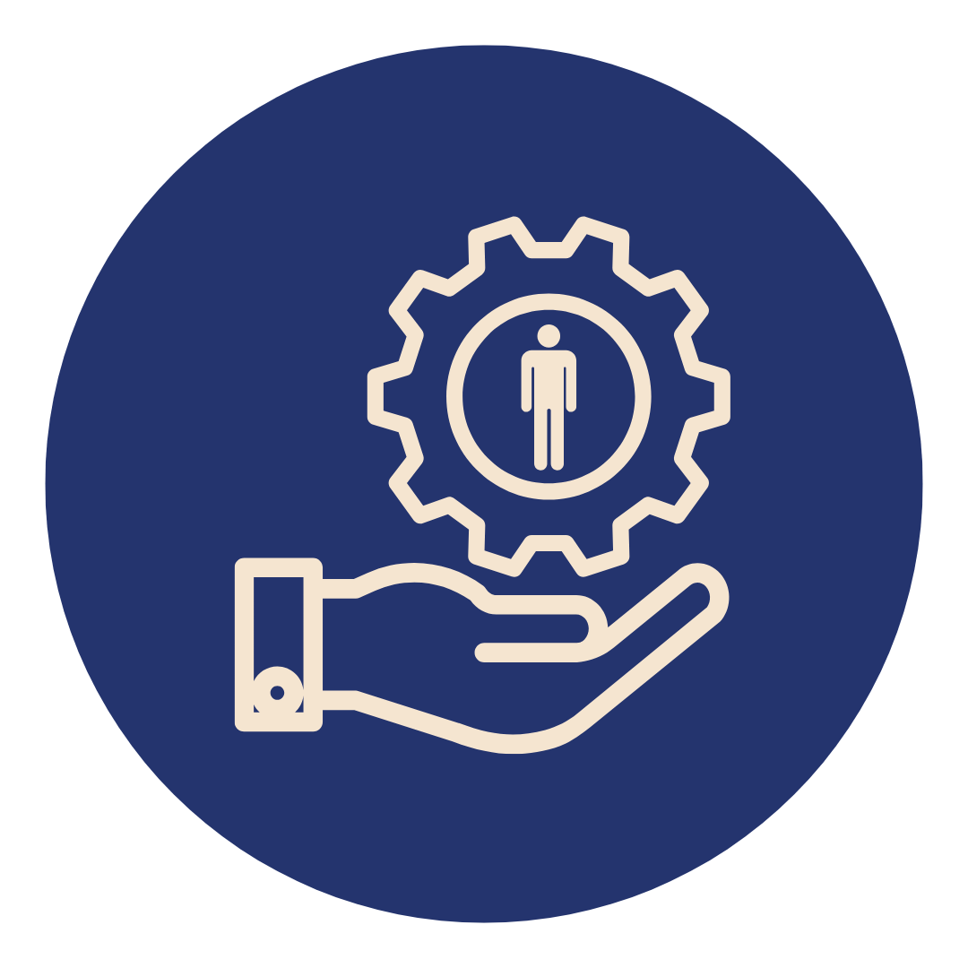 Icon of a hand holding a gear with a human figure inside the gear, symbolizing human-centered service or management.