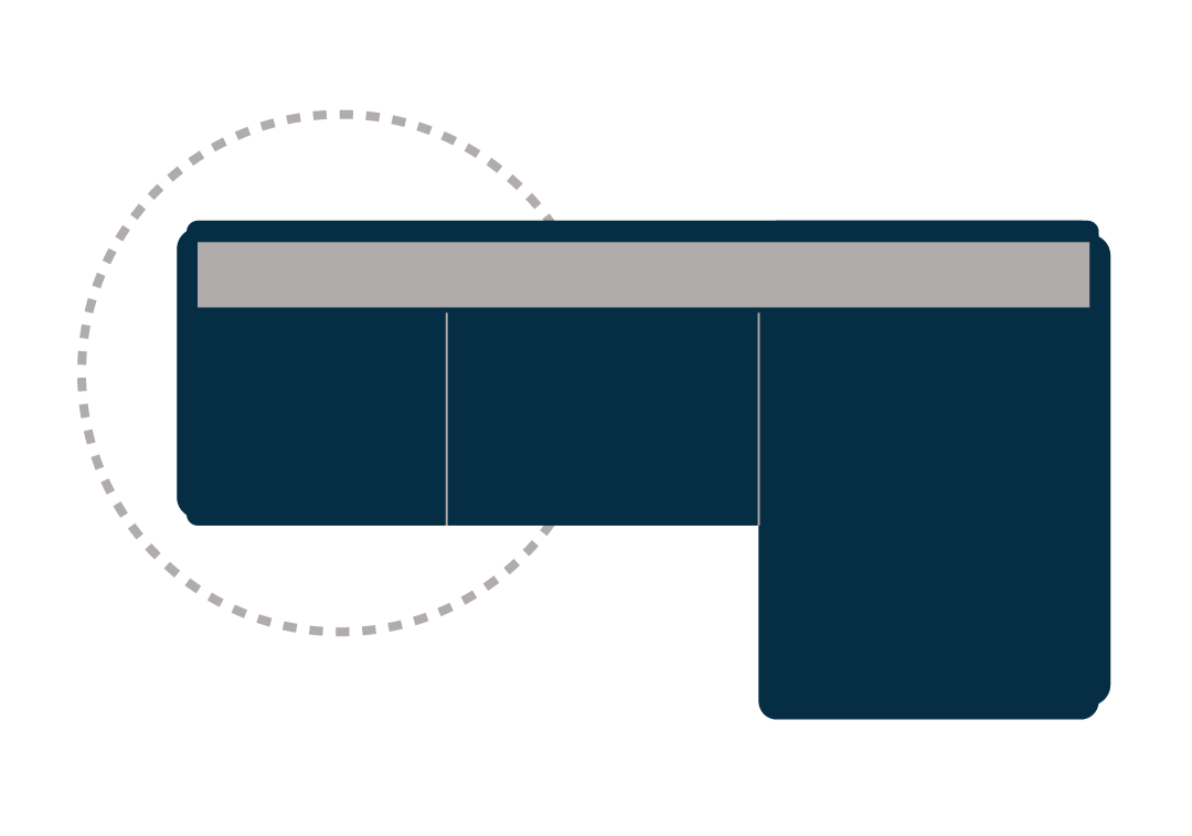 Dark blue L-shaped desk with a gray top and three compartments underneath, with a dotted circle highlight around the top left corner.