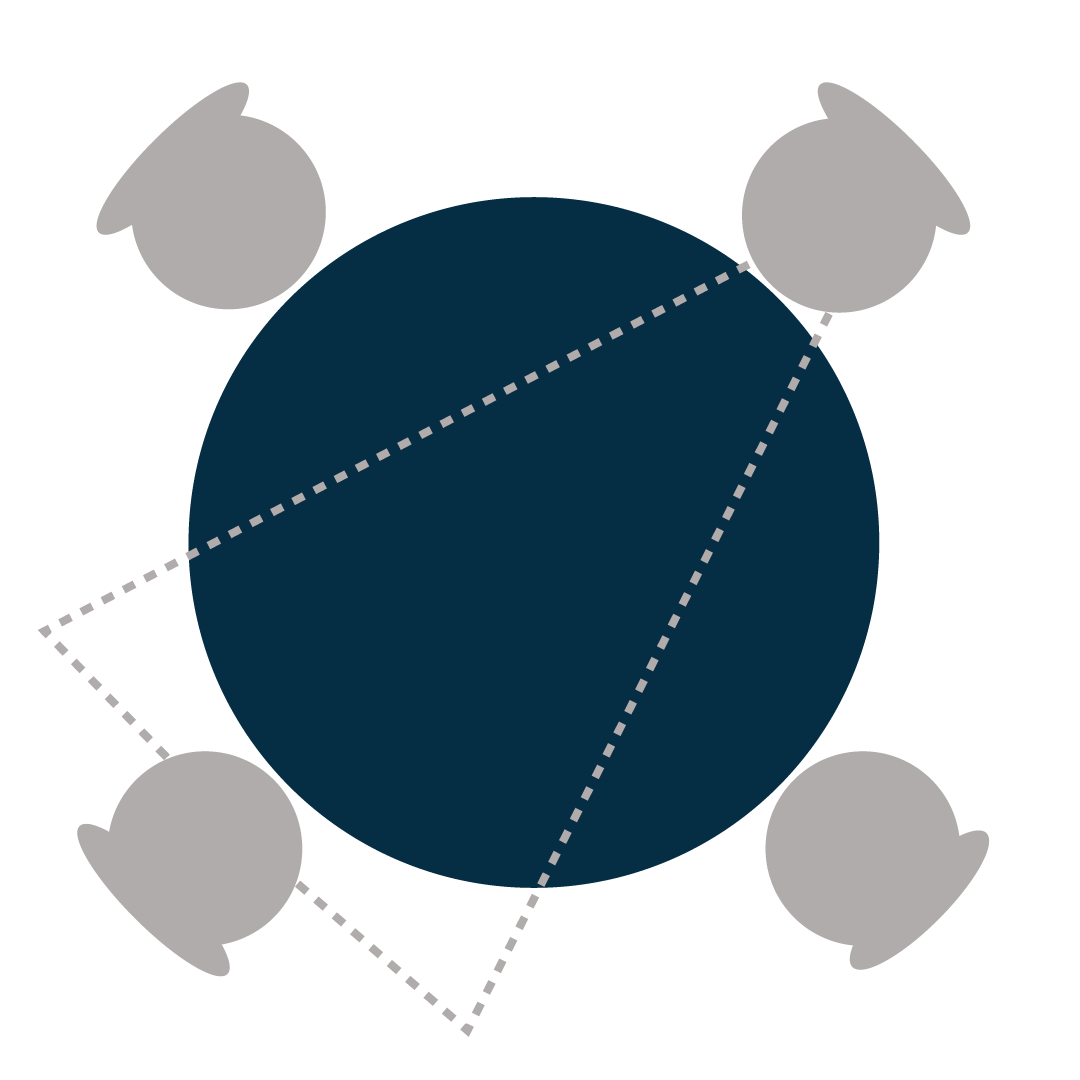 Diagram of a dark circle with four gray cartoon bunny heads attached at the top, bottom, left, and right, with dotted lines connecting the bunny heads to points on the circle, forming a square and a triangle inside the circle.