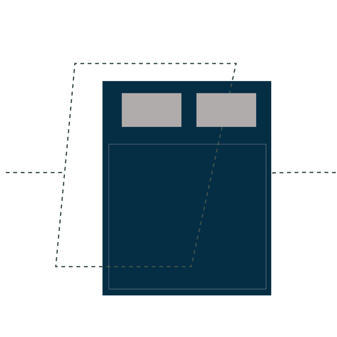A graphic illustration of a dark blue garage door with two small windows at the top and a larger door below, with dashed lines indicating different perspectives.