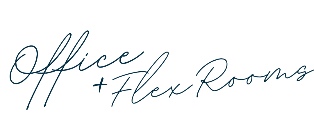 Handwritten style text reading 'Office + Flex Rooms' in dark blue.