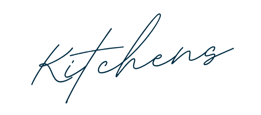 The word "kitchens" written in dark blue cursive script.