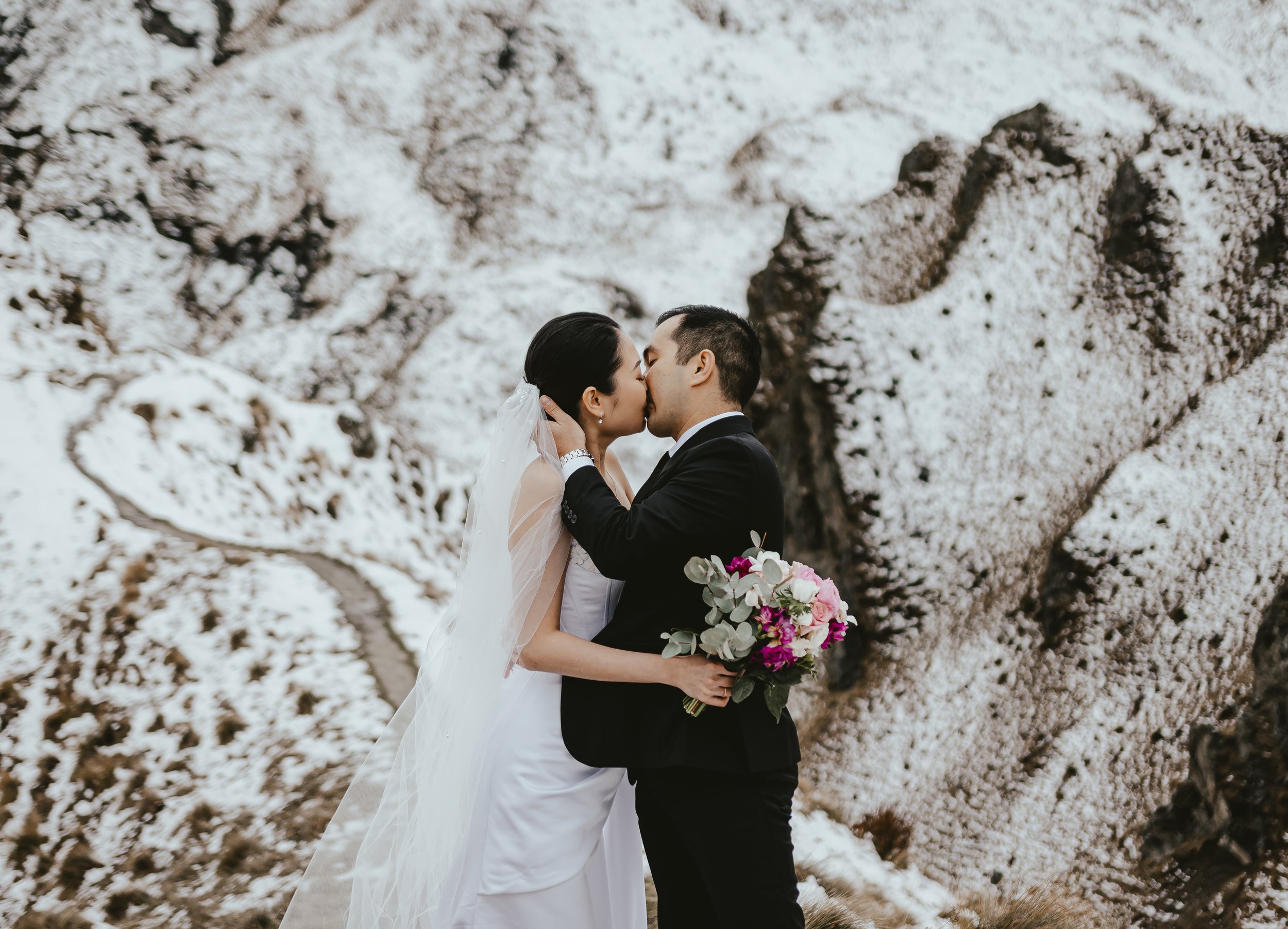 A bride and groom kissing outdoors in a snowy landscape with trees.