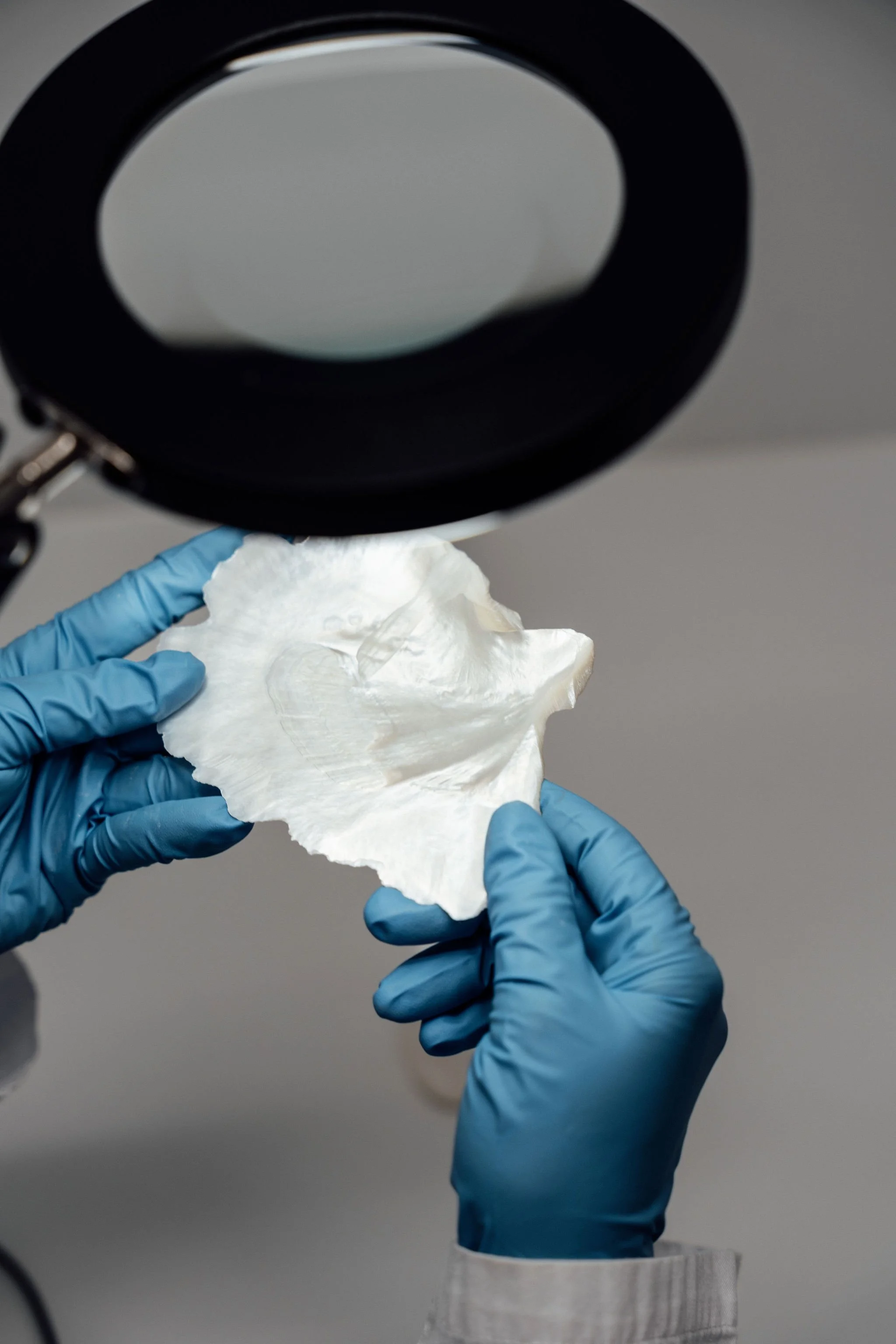 Laboratory inspection of PearlBone™ biomaterial sample under magnification