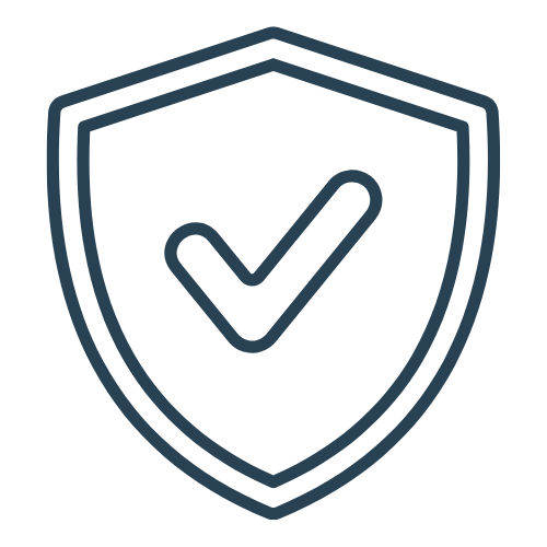 Line icon of a shield with checkmark representing quality, safety, and compliance standards