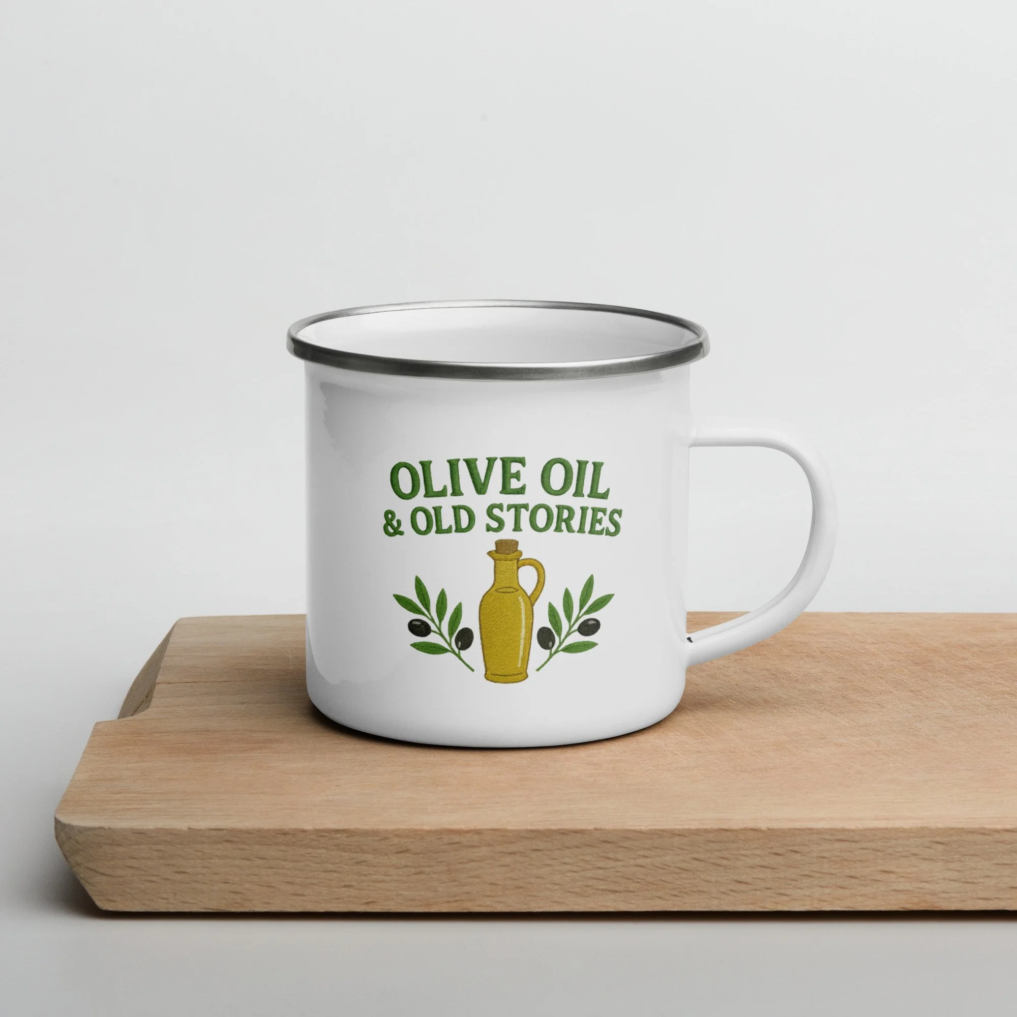 Olive Oil & Old Stories Enamel Camper Mug (12 oz) – Italian Heritage Coffee Mug