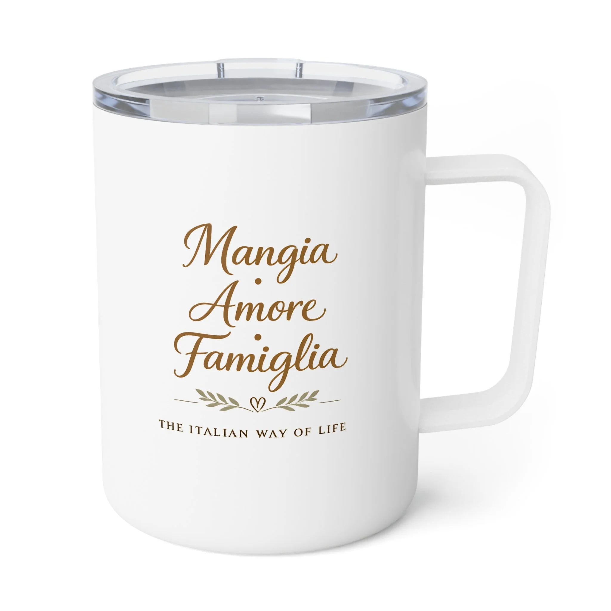 Mangia Amore Famiglia Insulated Coffee Mug — 10oz Italian Kitchen Gift