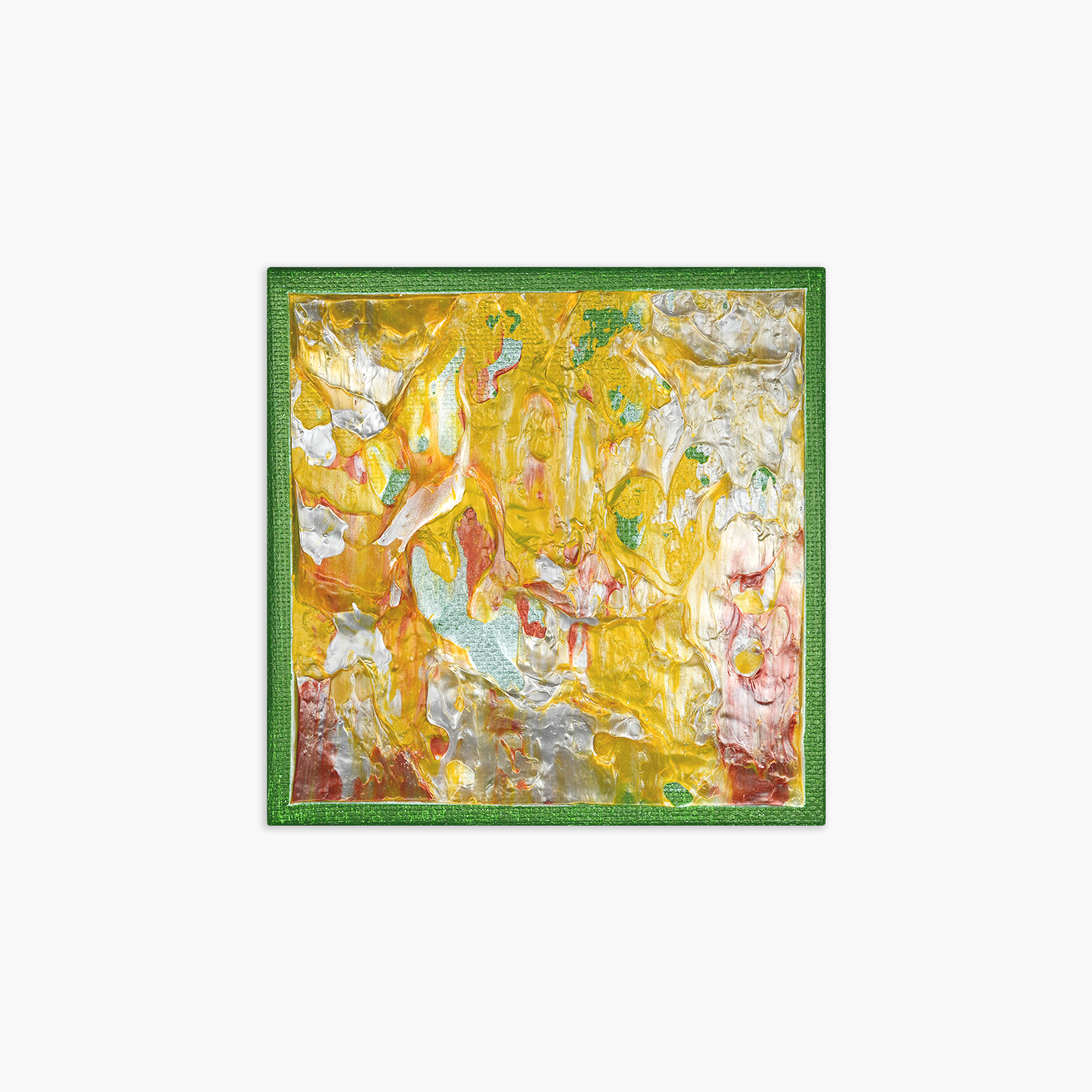Close-up of an abstract painting with vibrant yellow, orange, green, and silver colors, framed with a metallic green border.
