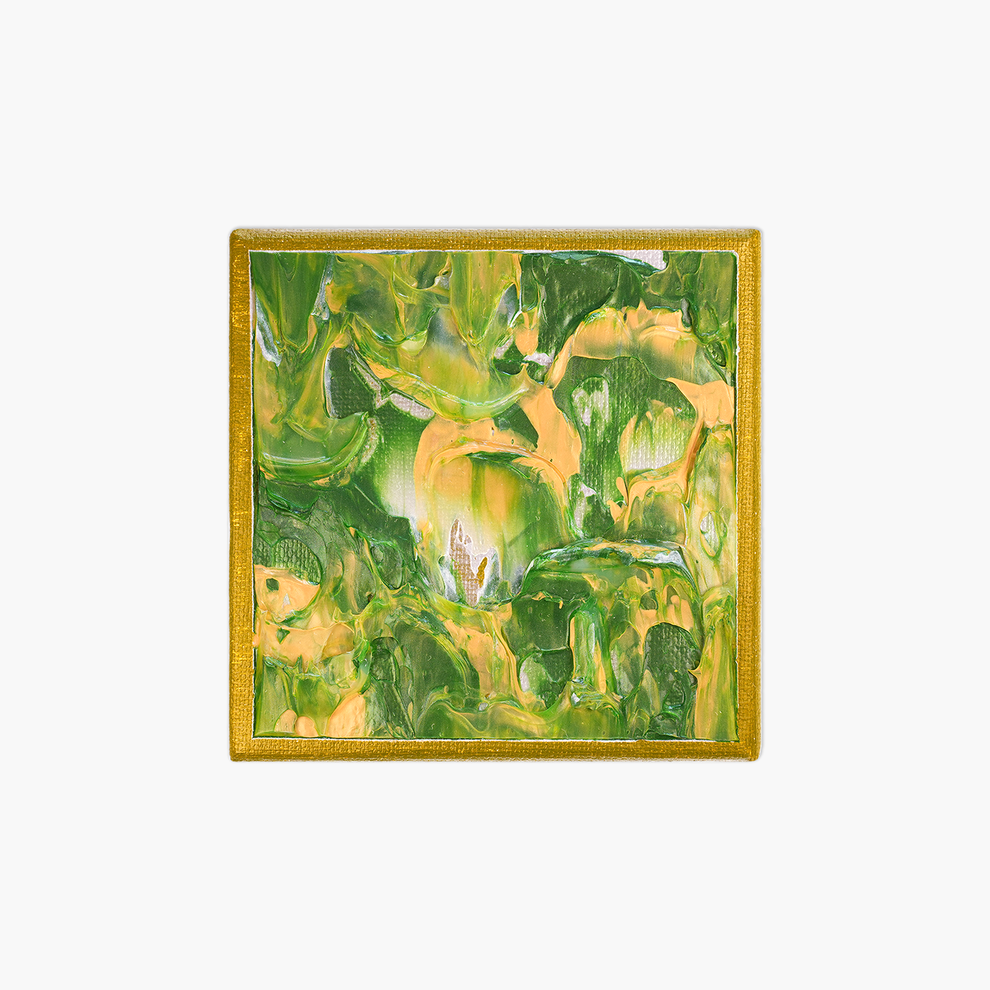 Abstract painting with green, gold, and white colors on a gold canvas.
