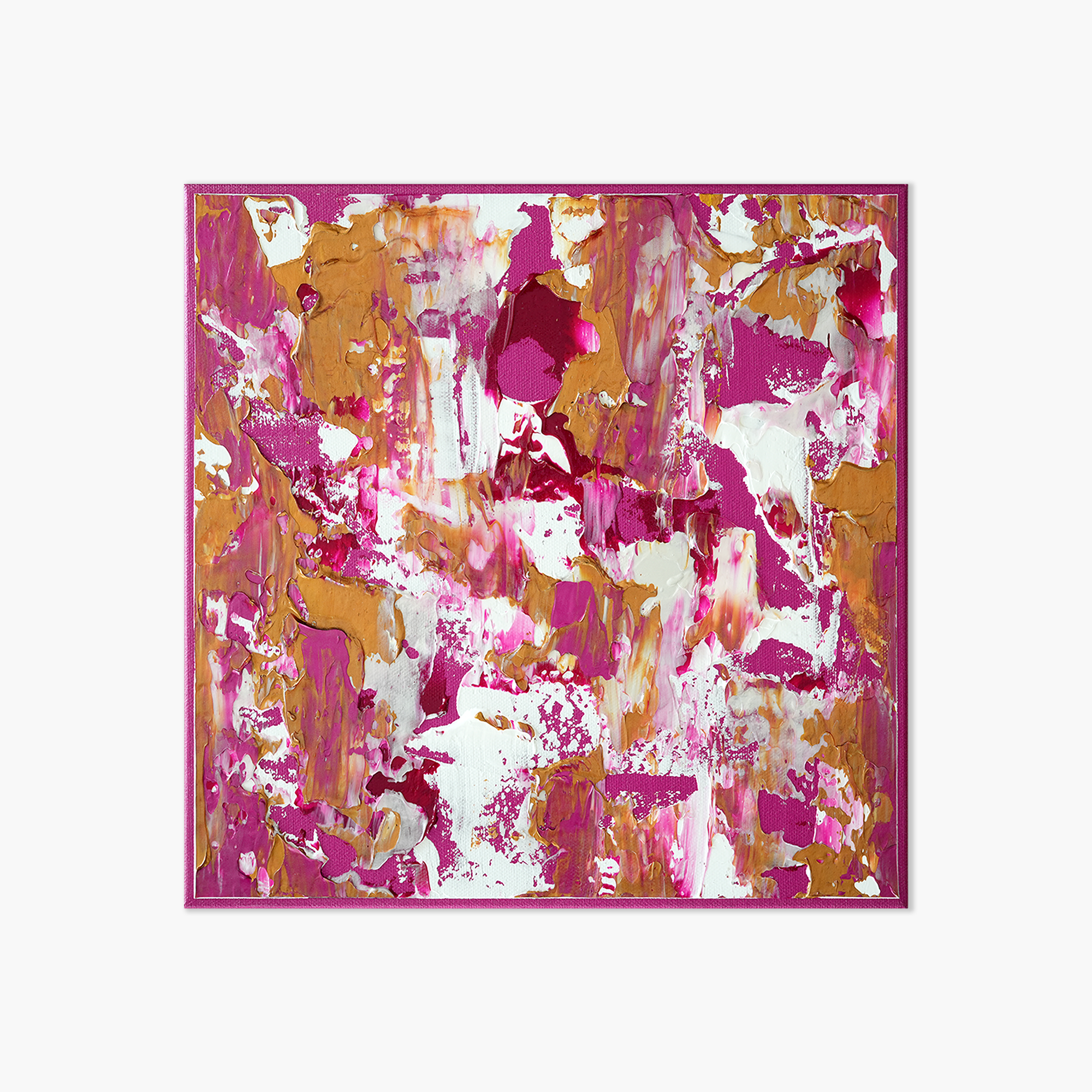 An abstract painting with pink, white, and gold colors flung across a canvas bordered in pink.