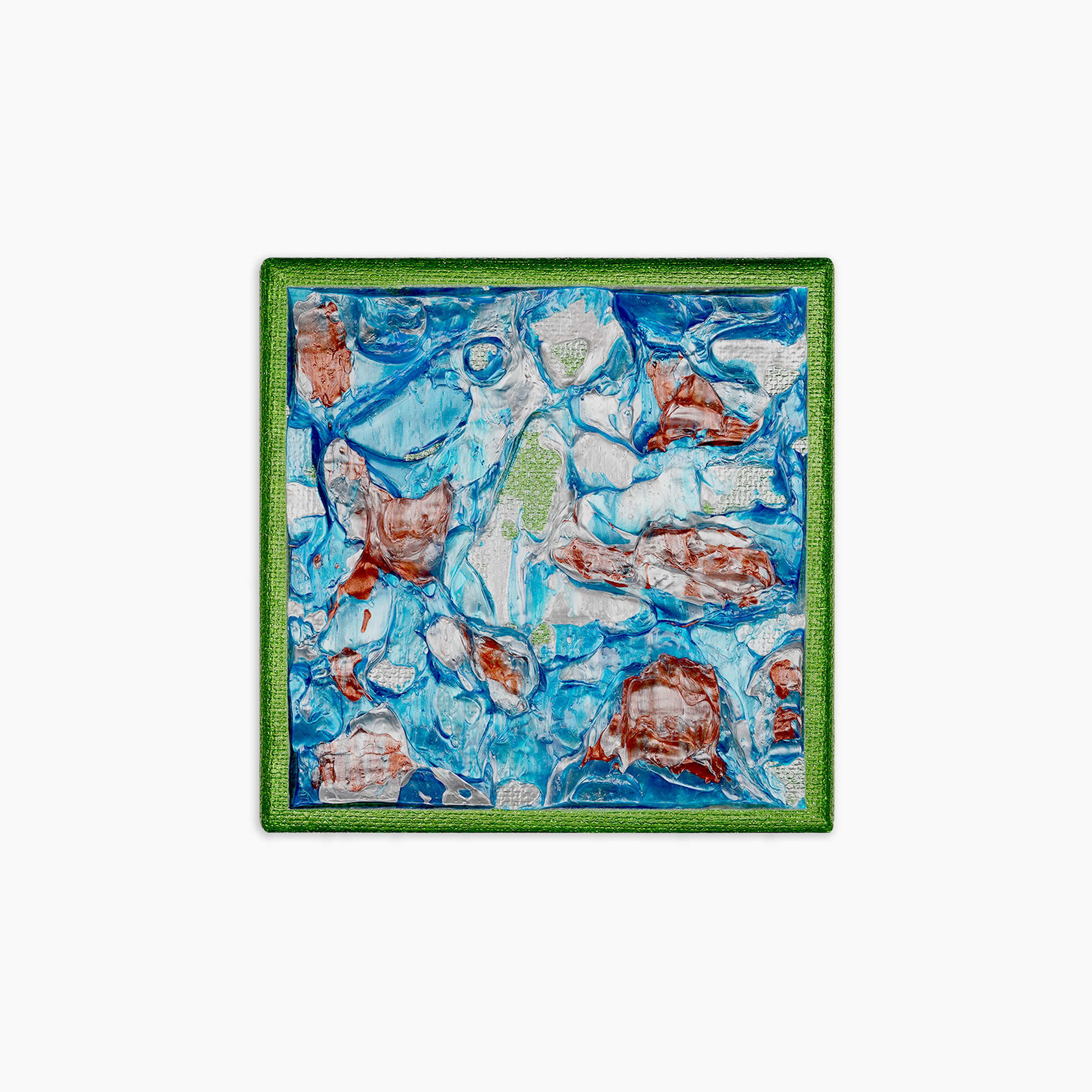A colorful artistic painting on a square canvas with a metallic green border, featuring thick strokes of paint in shades of blue, silver, and copper.
