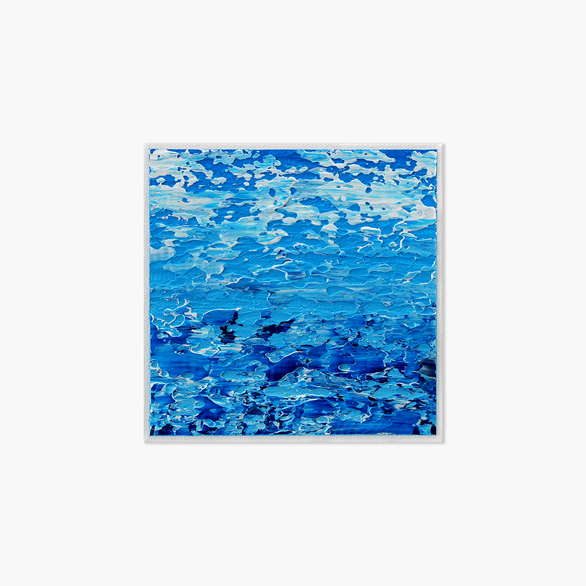An abstract square painting in varying shades of blue that are reminiscent of a rippling water.