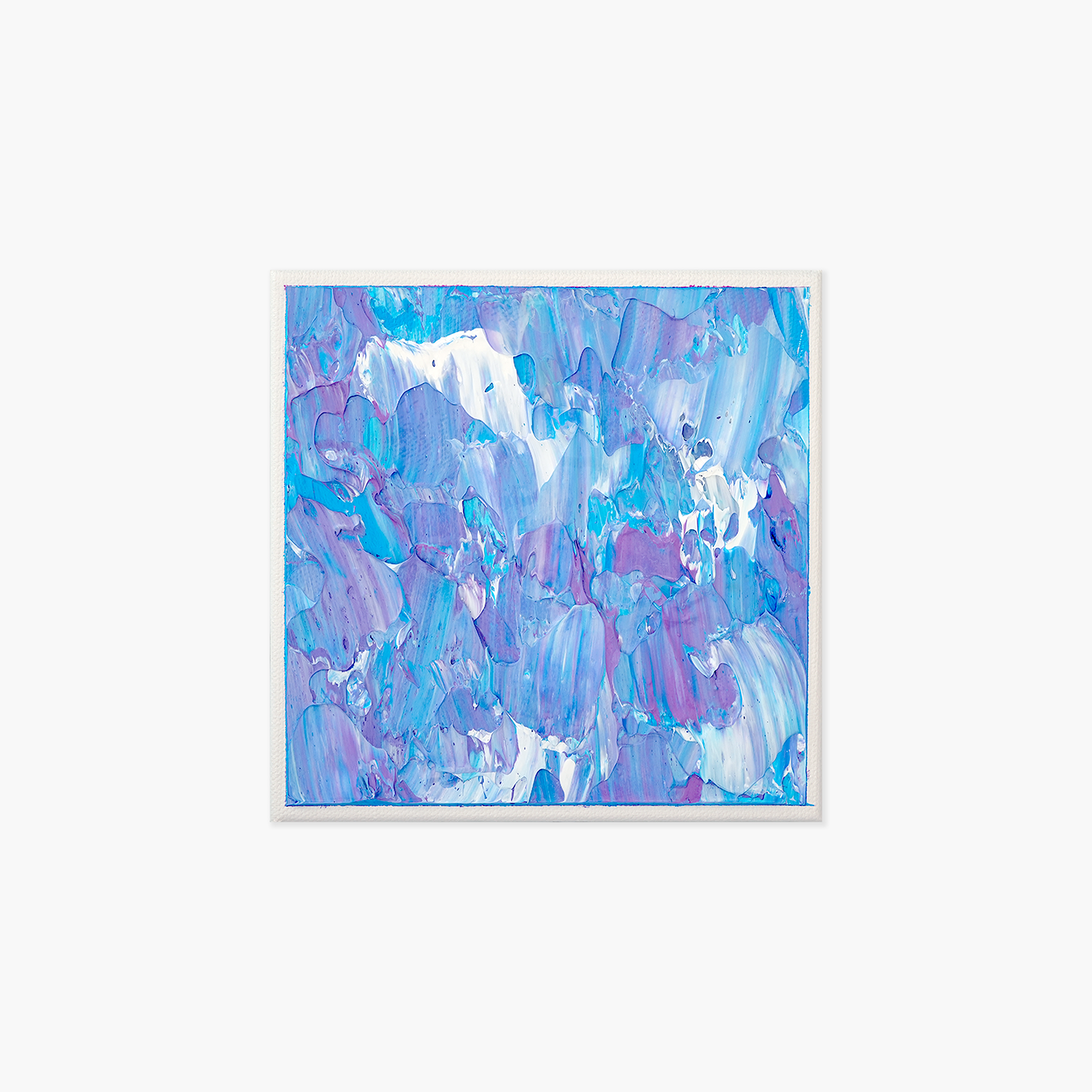 A colorful abstract painting with shades of blue, purple, and white within a white painted border.
