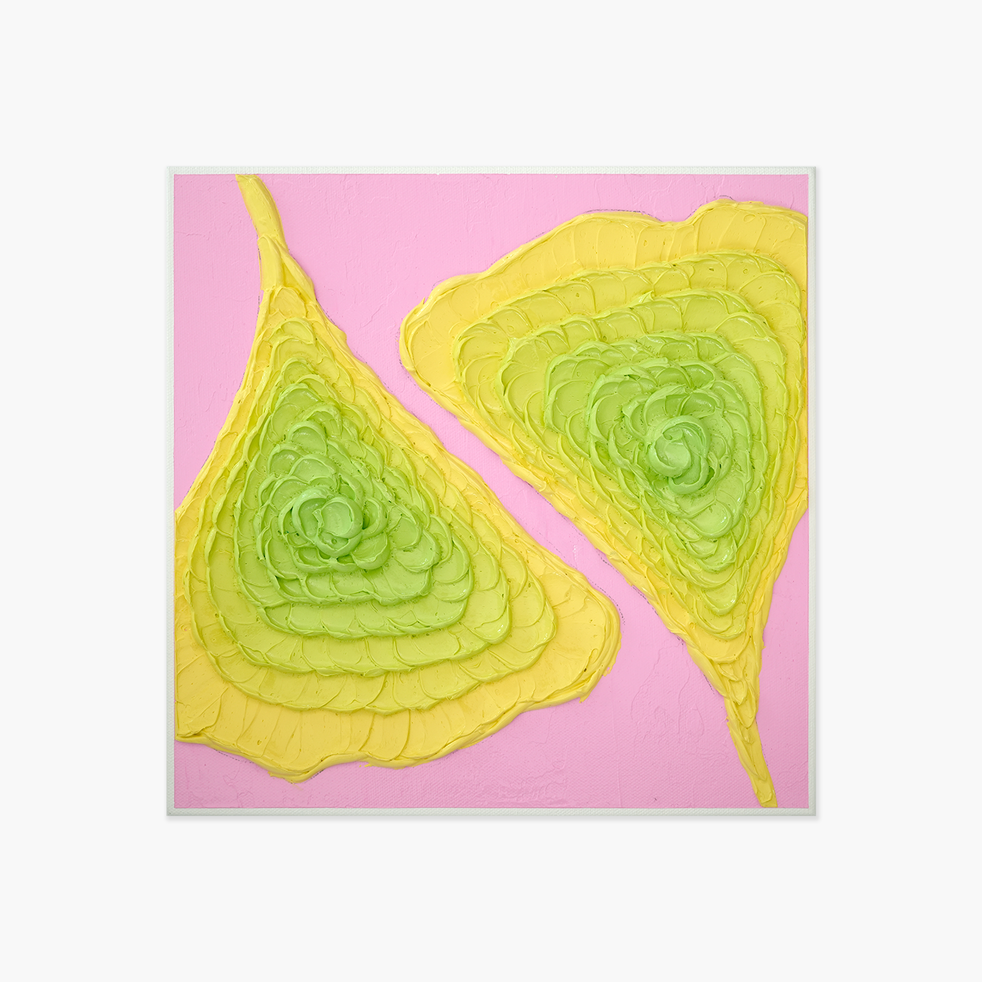 A thick textured abstract artwork that resembles ginkgo leaves in yellow in green hues set amongst a light pink background.