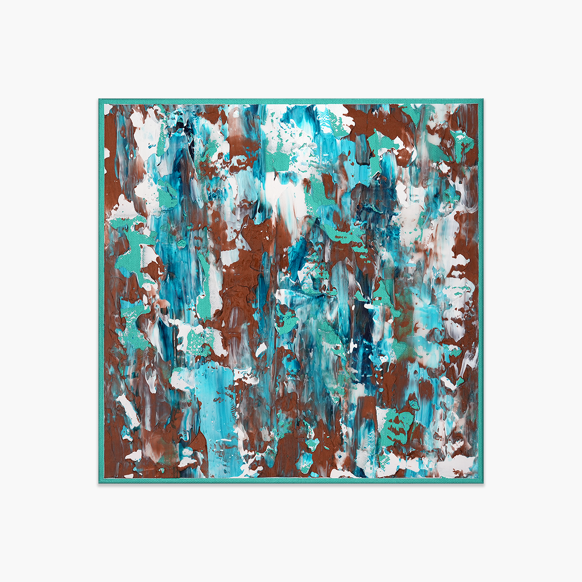 Abstract square painting with splashes of turquoise, copper, white, and ink blue colors framed by a metallic teal border.