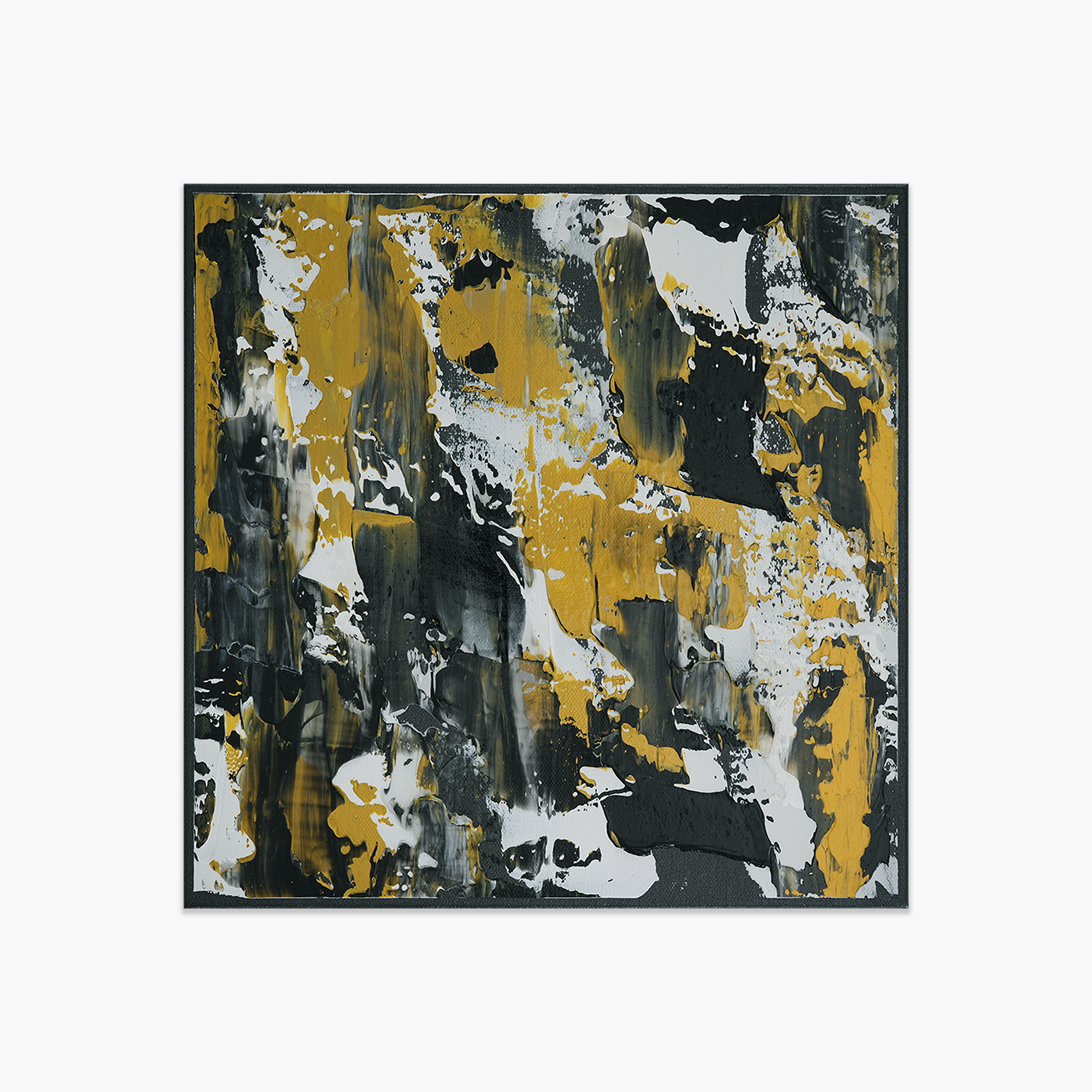 Abstract square painting with black, white, silver, and metallic yellow splashes and streaks on a black canvas.
