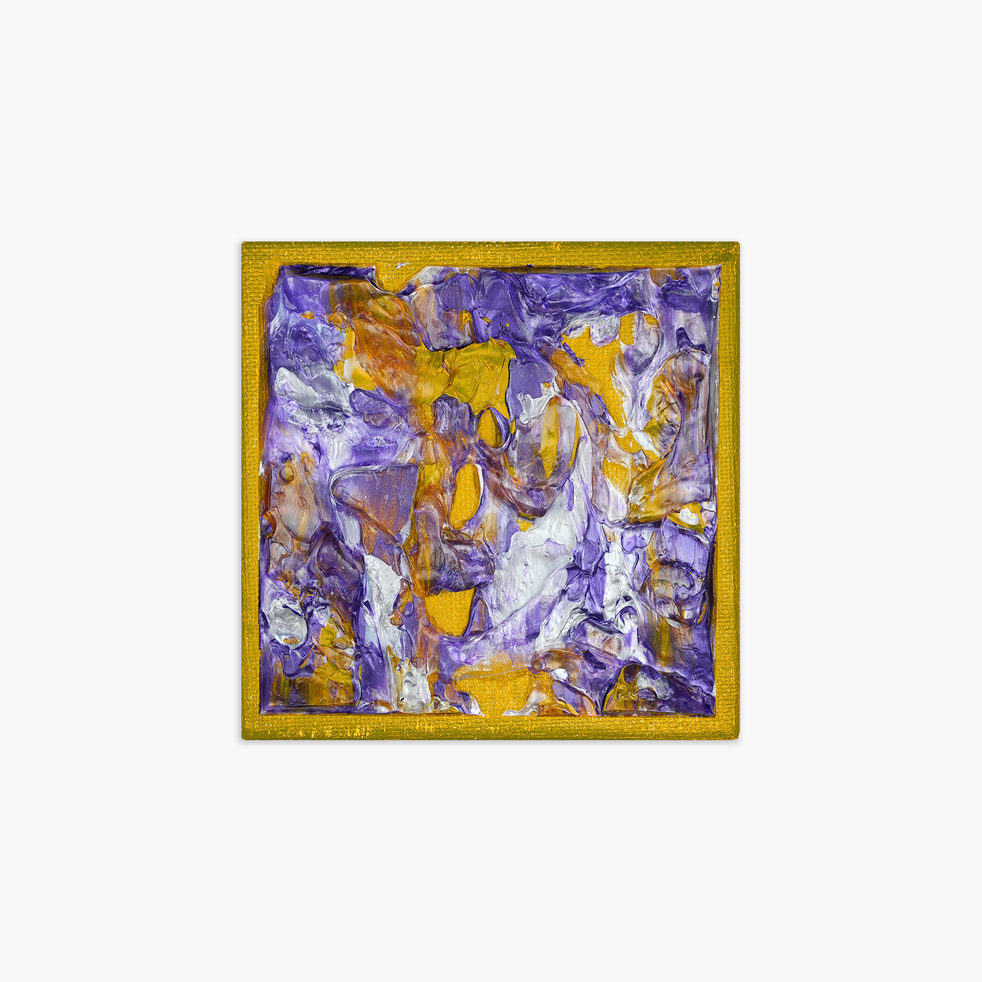 A textured abstract painting with thick strokes of purple, gold and silver framed with a metallic gold border.