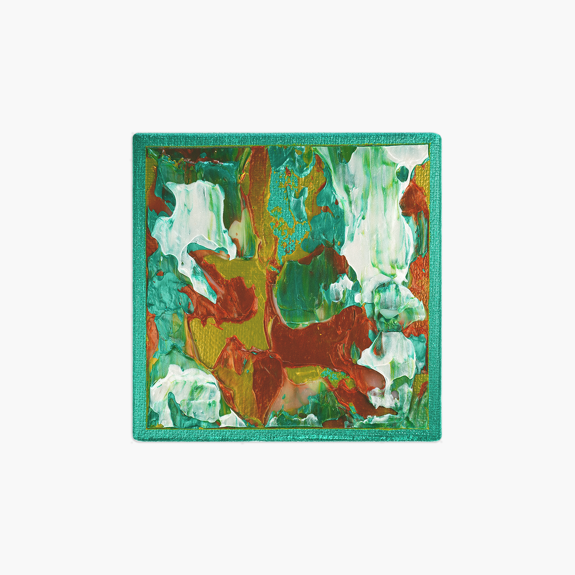 Abstract art piece with green, white, bronze, and gold hues on a teal canvas.