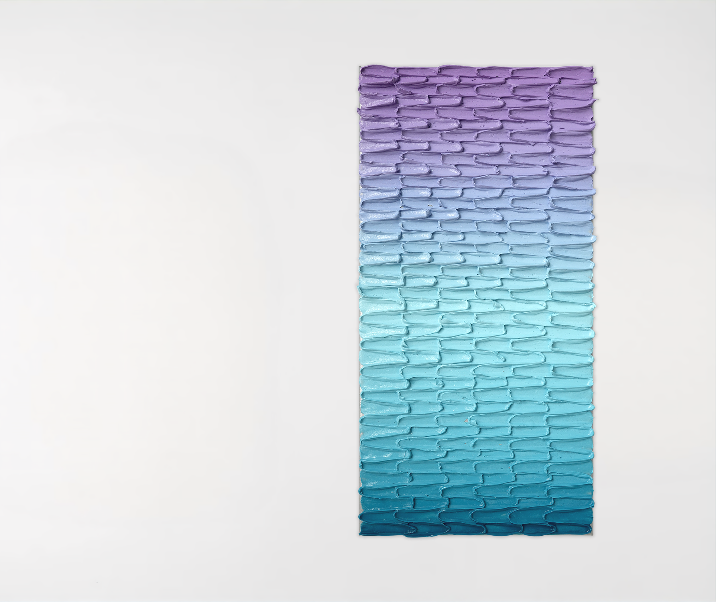 A rectangular acrylic painting with horizontal bands of purple, lavender, blue, turquoise, and teal arranged in a gradient effect.