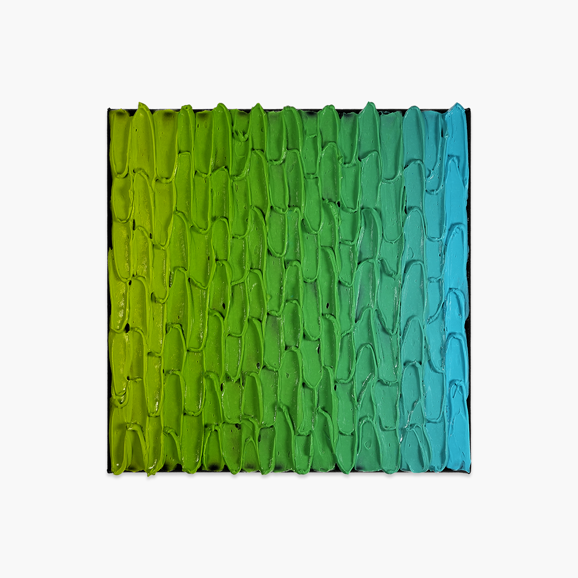 A square textured painting in a gradient of yellow-green to blue.