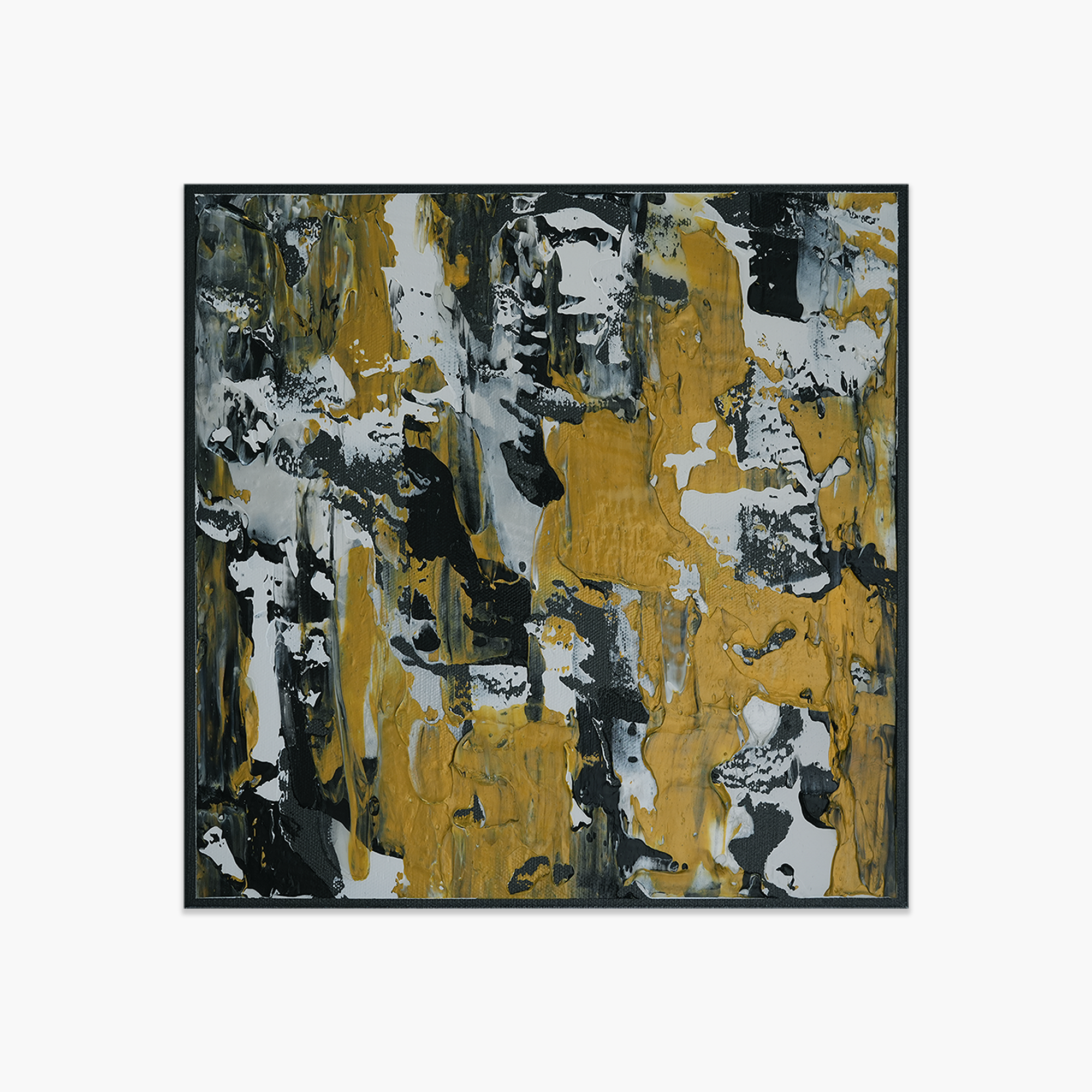 Abstract square painting with black, white, silver, and metallic yellow splashes and streaks on a black canvas.