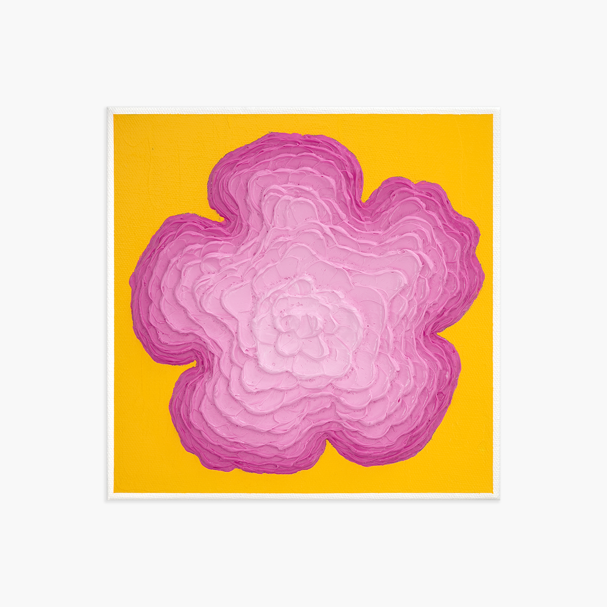 A colorful abstract painting featuring pink, highly textured, organic shapes against a bright yellow background.