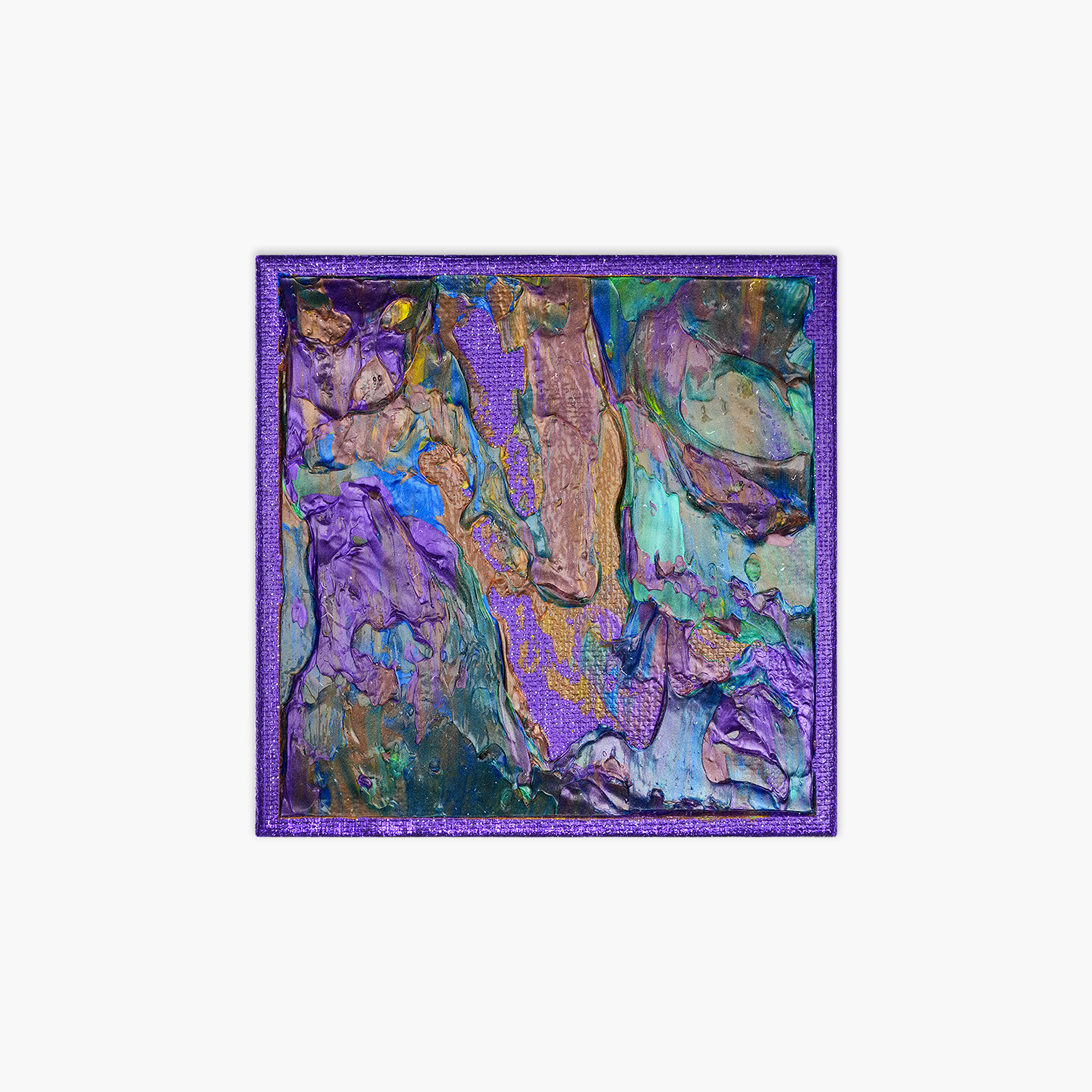 Colorful abstract artwork with a purple border and swirling patterns of various turquoise, purple, brown, and gold hues.